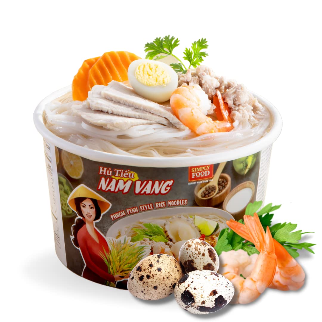 Instant Phnom Penh Rice Noodles (Hủ Tiếu Nam Vang) - 9 Pack of 75g Bowls - Thin Flat White Rice Noodles in Savory Pork Broth - Quick Asian Meal, Easy Lunch or Dinner Solution