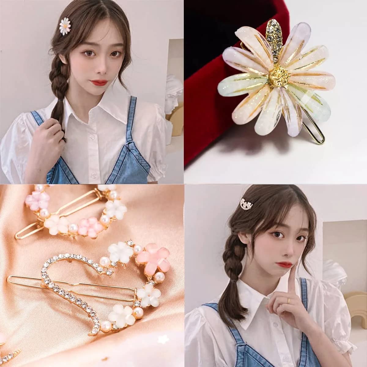 RedChimes 4 Pcs Korean Style Flower Hair Clips with Rhinestones - Elegant Hair Pins for Women & Girls - Perfect for Weddings, Parties & Daily Styling