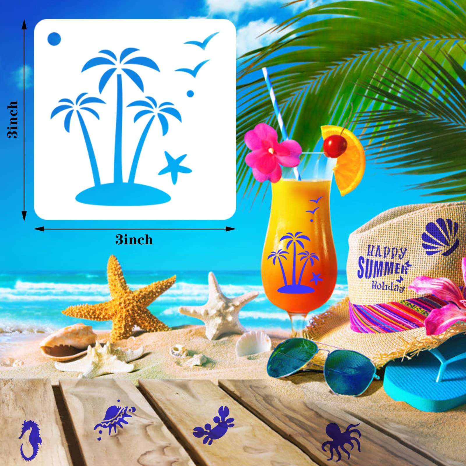 56 Pack Augshy Beach Stencils - 3 Inch Wood Hawaiian Ocean Life Templates for Scrapbooking, Drawing, Wall & Floor Decor, DIY Rock Painting Art Projects | Perfect for Summer Crafts, Kids Activities & Coastal Home Decor
