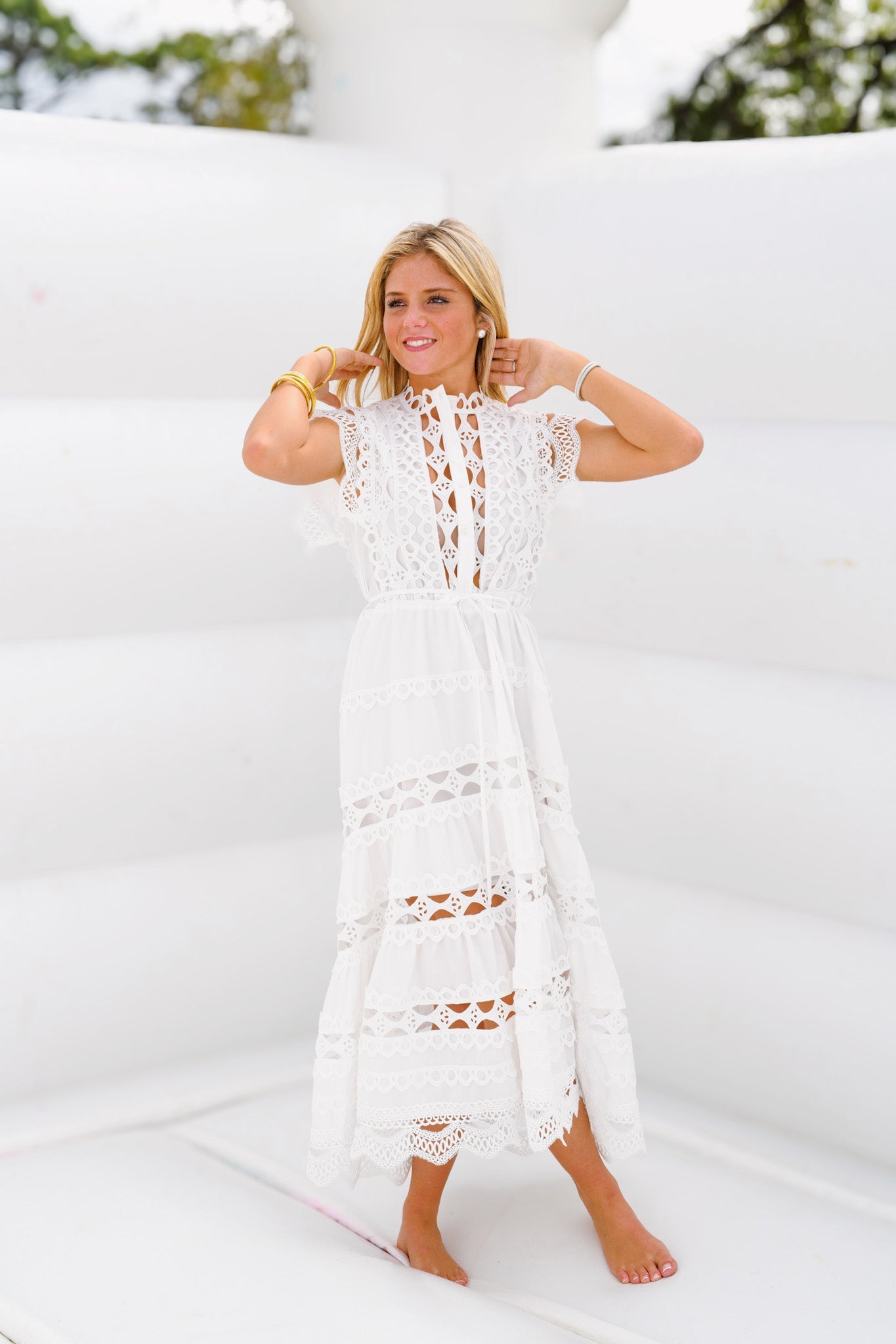 Christy Embroidered Belted Midi Dress for Women - Elegant White Floral Summer Dress for Casual Wear, Office & Wedding Guest Attire