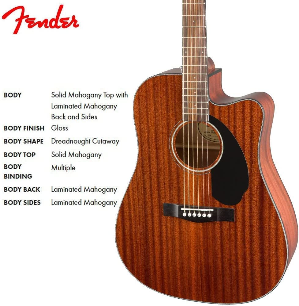 Fender CD-60SCE Solid Top Dreadnought Acoustic-Electric Guitar - All Mahogany with Hard Case & Accessories Bundle | Perfect for Beginners, Performances & Studio Recording
