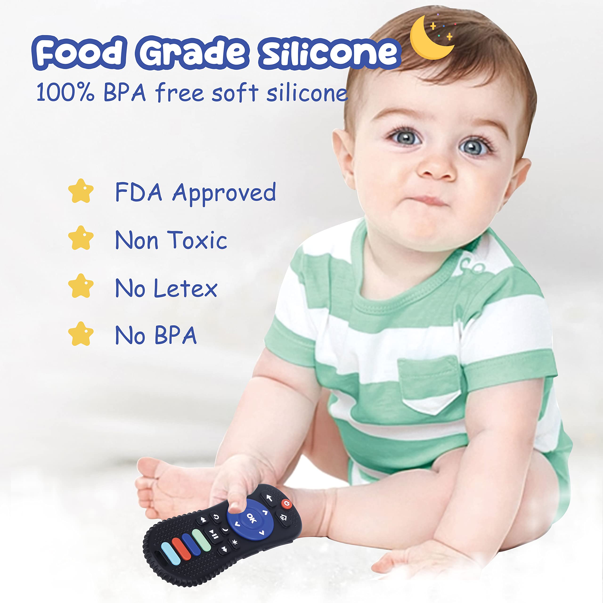 FXK Baby Teething Toys for 6-12 Months - 2 Pack BPA Free Silicone Teethers with Remote Control Design, Sensory Chew Toys for Soothing Sore Gums (Black & Grey) - Perfect for Home, Travel & Daycare Use