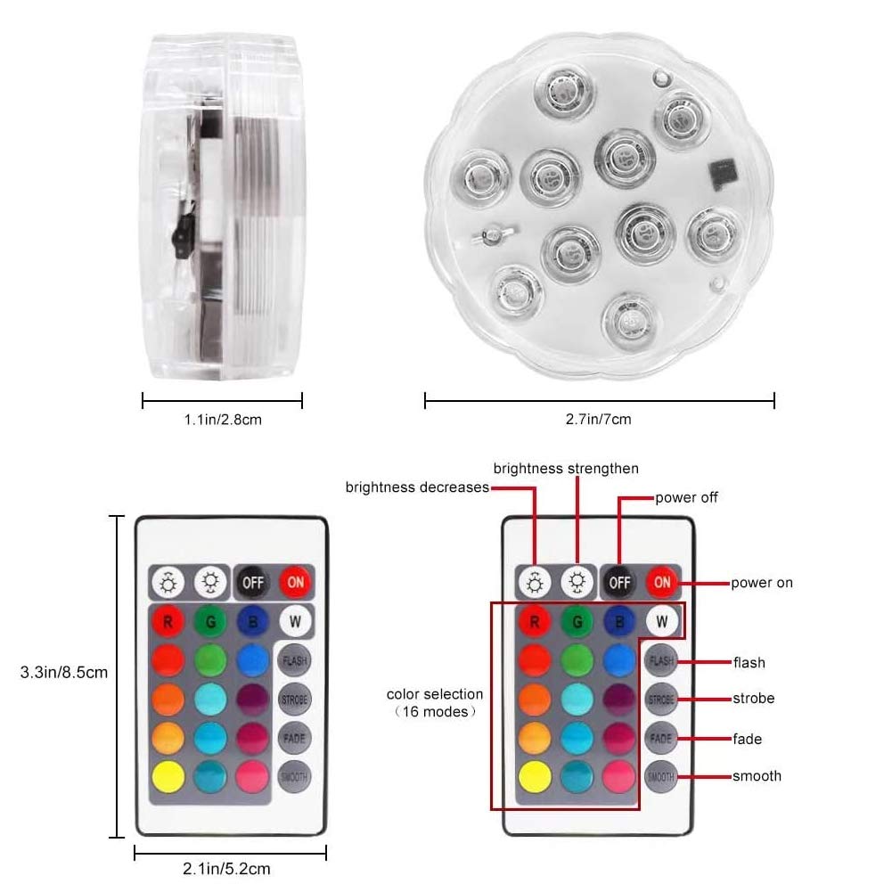 16 Color Changing Submersible LED Lights with Remote Control - Waterproof Pool Lights for Above Ground Pools, Aquariums, Vases & Ponds | Battery Operated Decorative Lighting for Parties, Weddings & Home Decor
