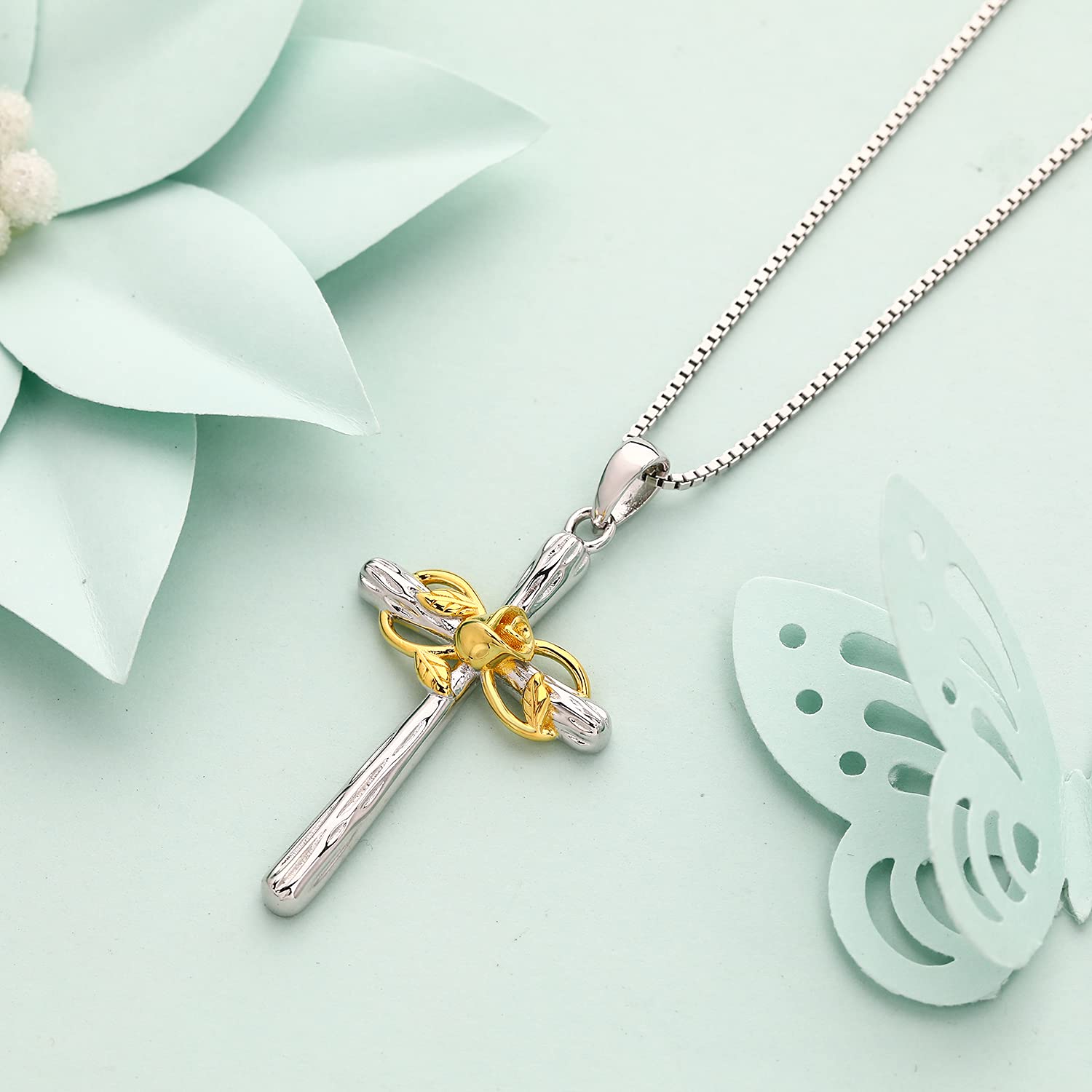 Sterling Silver Cross Necklace with Infinity Rose - Christian Baptism Pendant Gift for Women, Girls, Teens | Religious Jewelry for Church, Wedding, Confirmation & Special Occasions