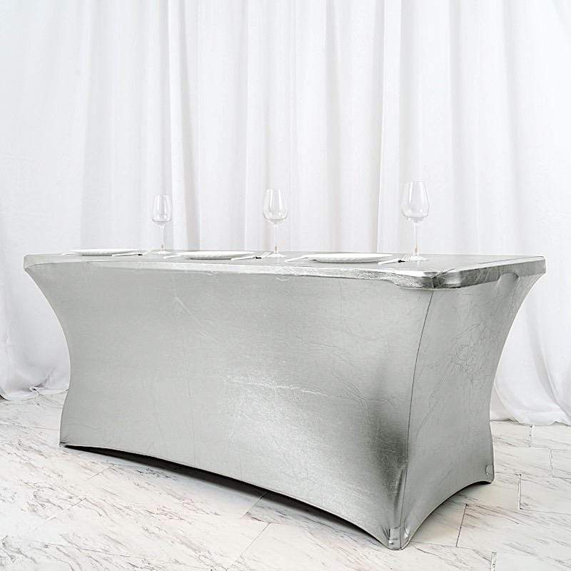 6 ft Fitted Spandex Tablecloth - Stretchable Metallic Table Cover for Parties, Weddings & Events - Elegant Dining & Buffet Table Decor