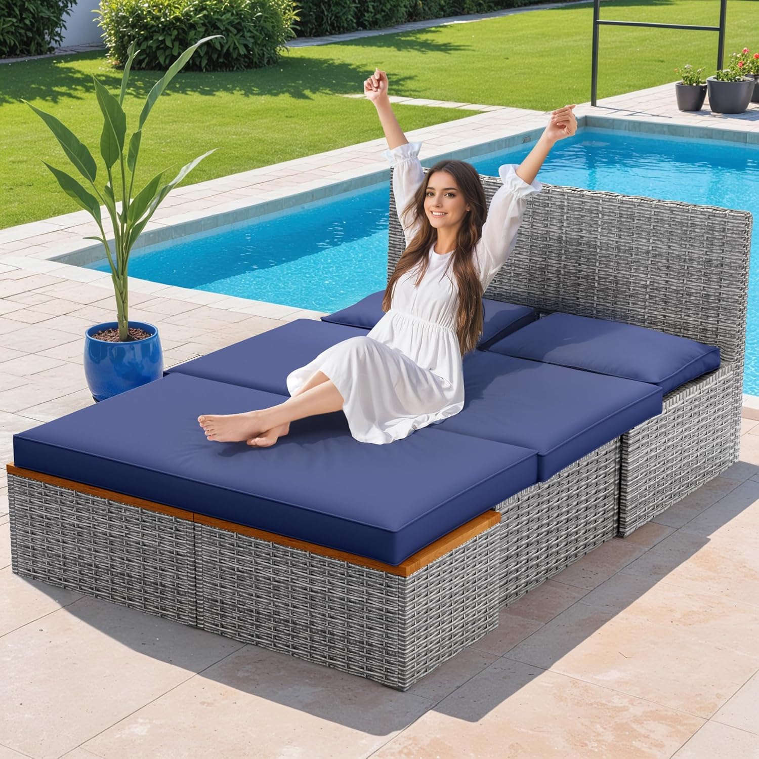 Devoko Outdoor Patio Daybed Set - Multifunctional Rattan Lounge Bed with 2 Side Tables, Navy Blue - Perfect for Backyard, Porch, Poolside, Lawn & Beach Relaxation