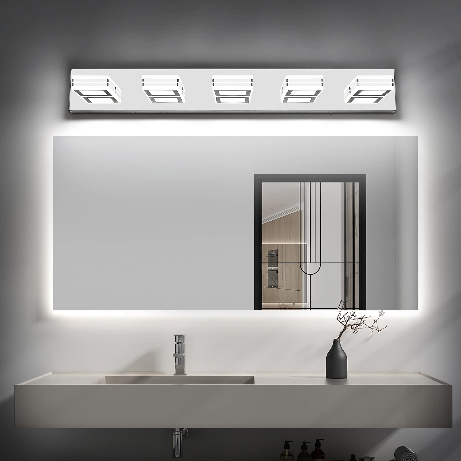 Modern Dimmable LED Bathroom Vanity Lights - Chrome 5 Lights for Mirror & Wall - Perfect for Makeup & Grooming