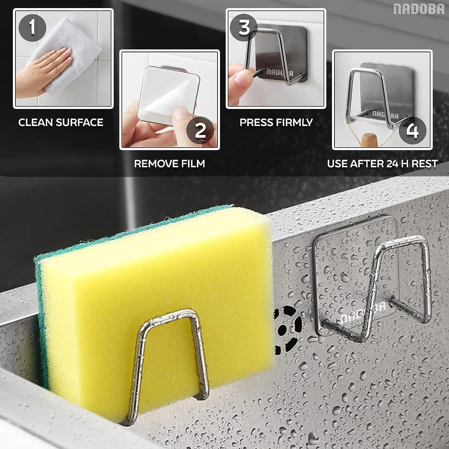 Premium Rustproof & Waterproof Kitchen Sink Caddy - 2 Pack Adhesive Sponge Holder for Dish Scrubber | Organize Sink Accessories | Perfect for Kitchen, Bathroom & RV Use