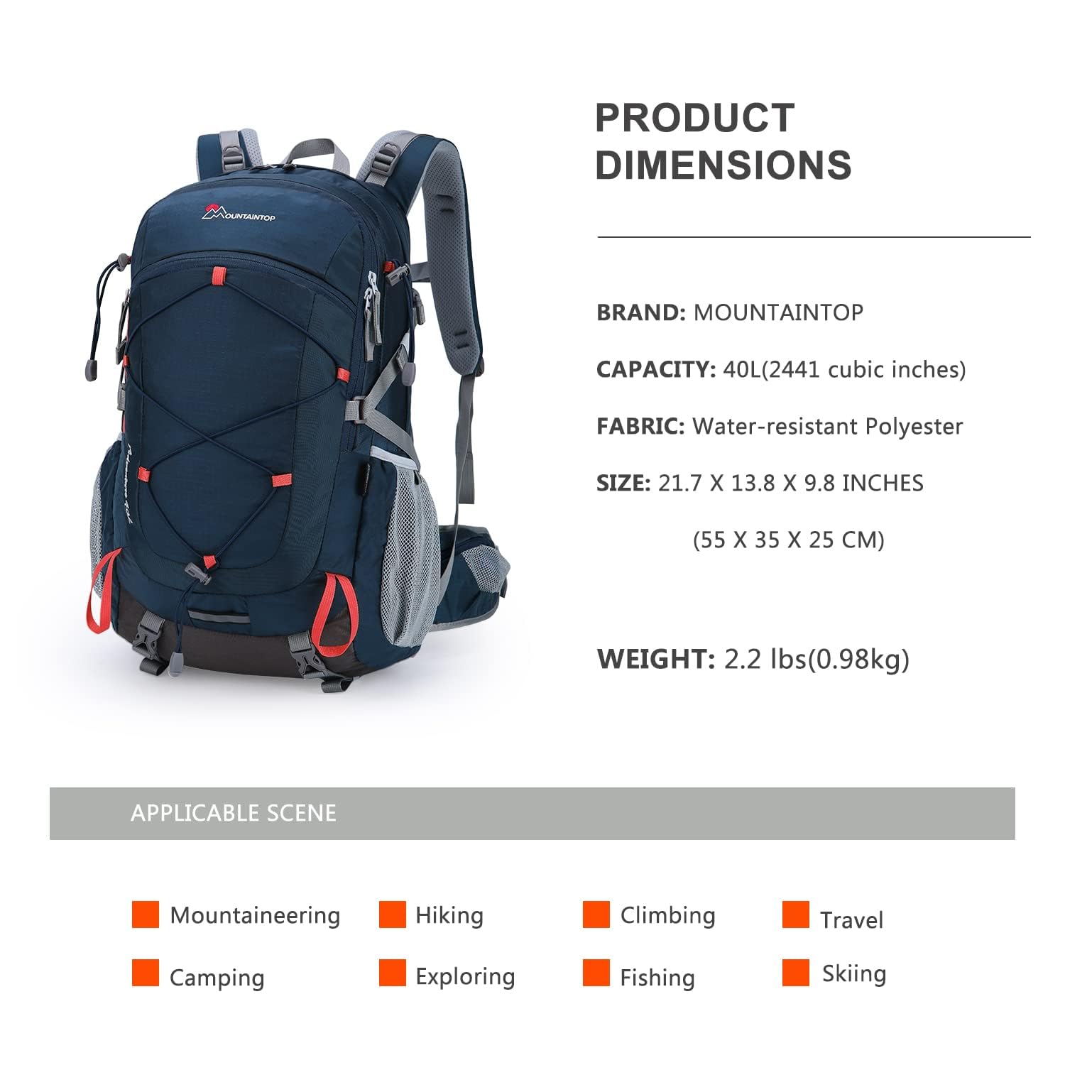 Mountaintop 40L Lightweight Hiking Backpack for Men & Women - Waterproof Camping Backpack with Rain Cover - Perfect for Trekking, Outdoor Travel & Day Trips