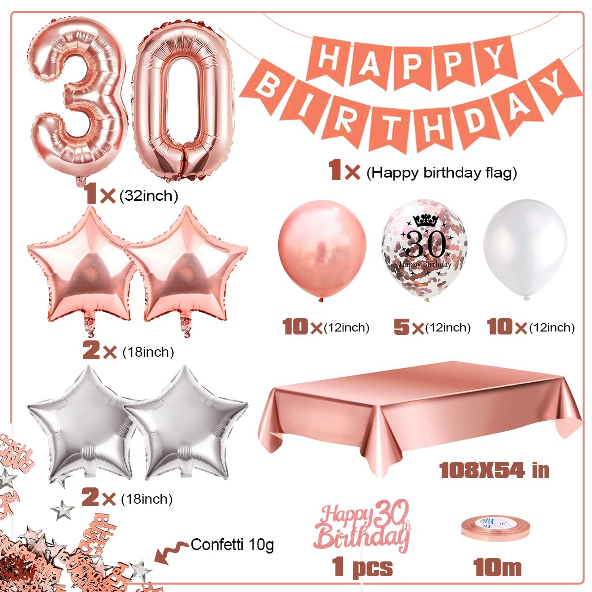 30th Birthday Party Decorations Set - Rose Gold Foil Balloons, Confetti Balloons, Bunting Banner, Tablecloth & Cake Topper - Perfect for Women's 30th Birthday Celebrations, Milestone Parties & Special Occasions