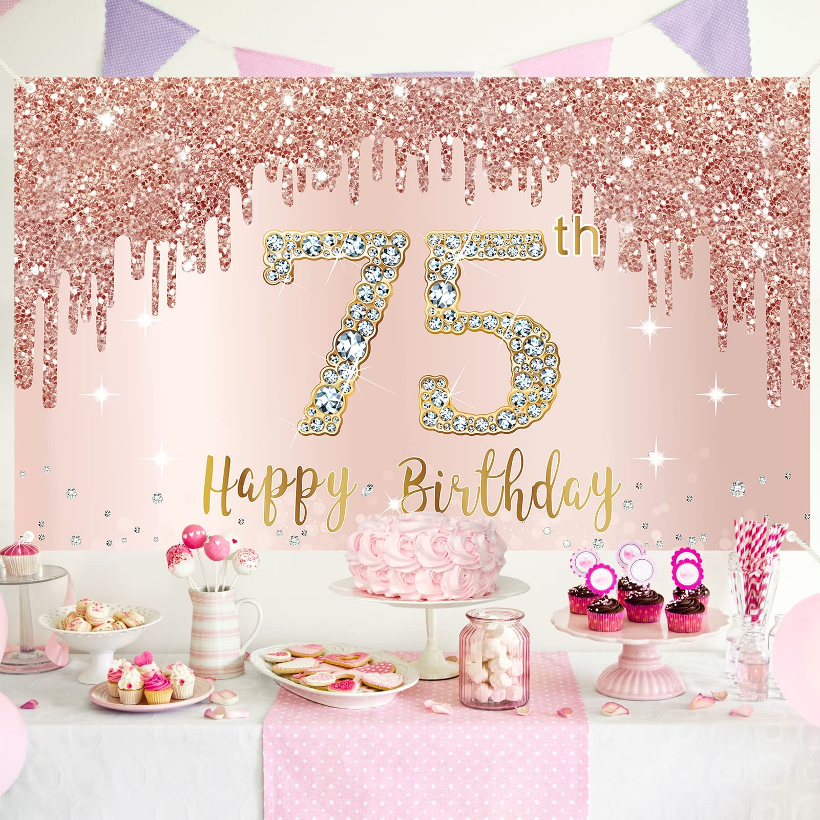 Rose Gold 75th Birthday Banner Backdrop Decorations - Elegant Pink 75 Year Old Party Sign Supplies for Women | Perfect for Photo Booth Props, Birthday Party Decor & Milestone Celebration Backgrounds