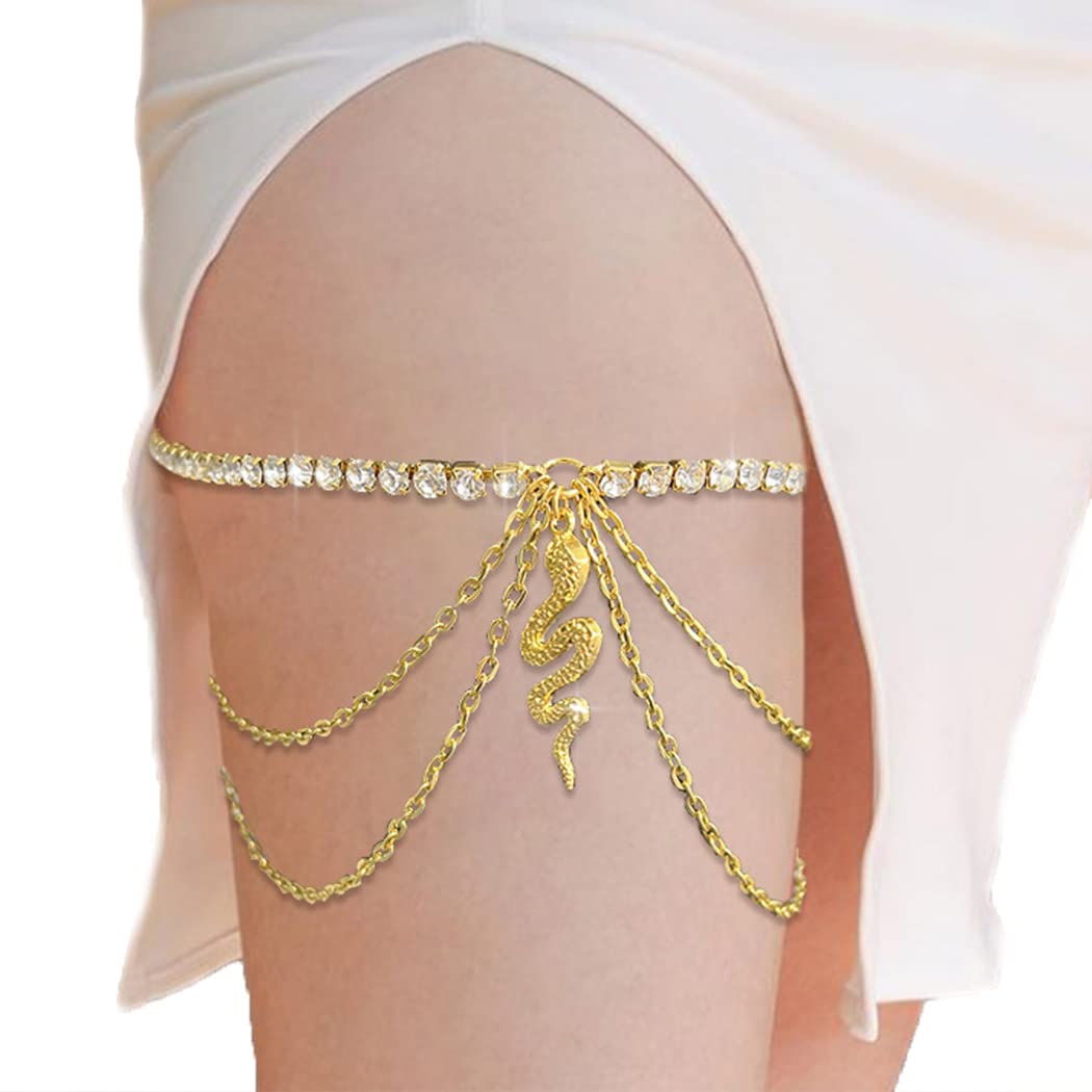 **Asooll Gold Crystal Leg Chain Snake Rhinestones Thigh Chain - Layered Body Jewelry for Women & Girls - Perfect for Beach Parties, Raves, and Fashion Accessories**