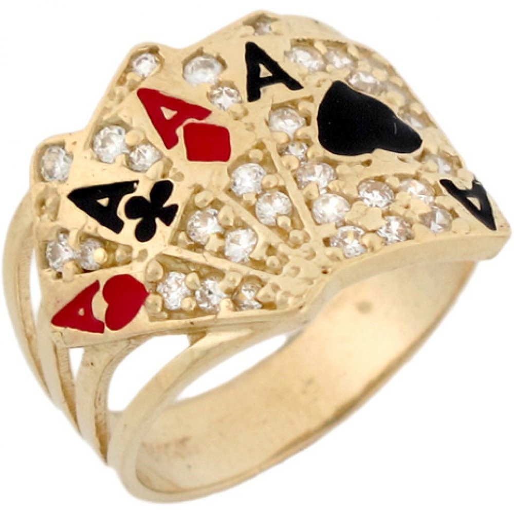 10K Real Gold CZ Poker Card Enamel Ring - Four of A Kind Lucky Unisex Jewelry for Poker Lovers & Casino Night Accessories