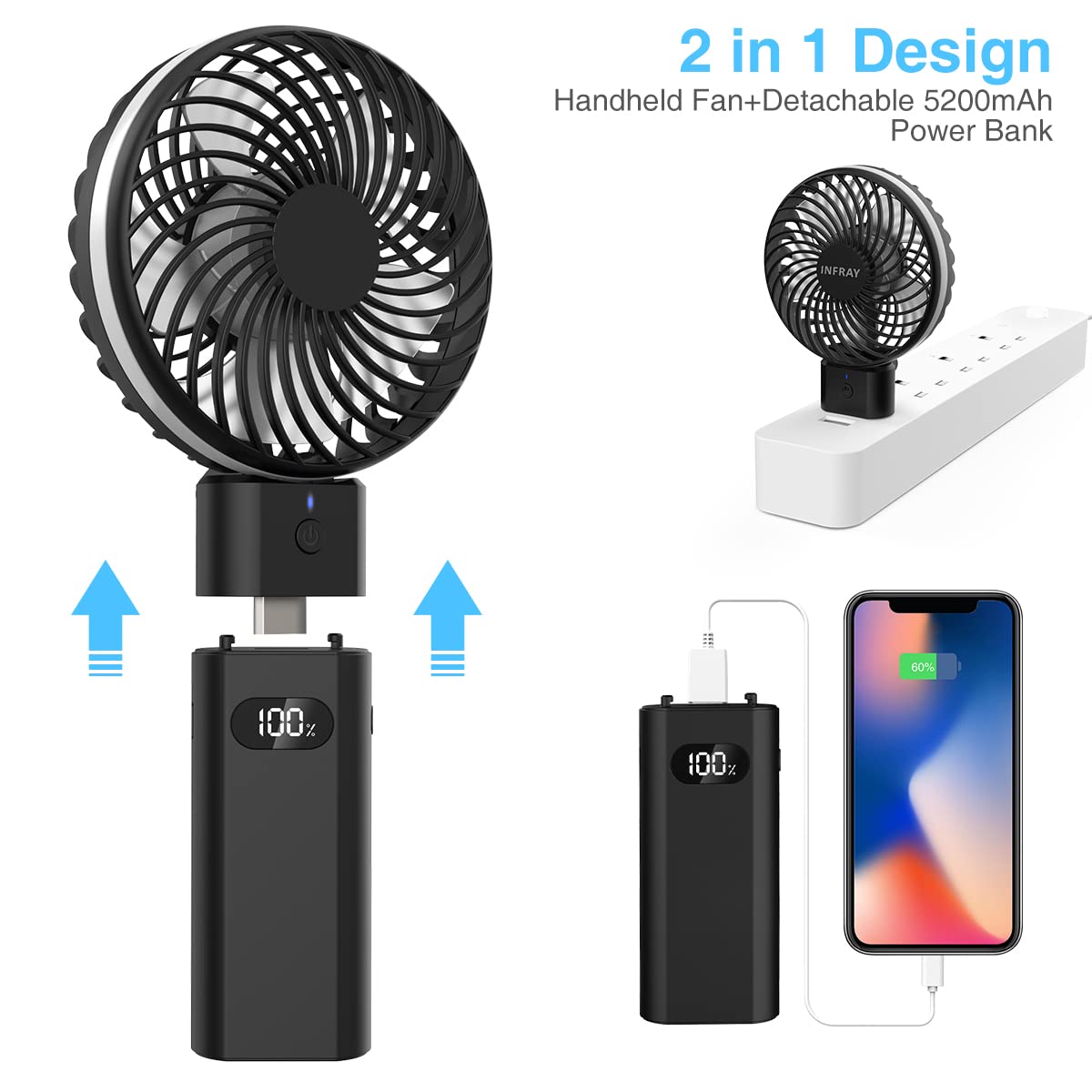 Portable USB Rechargeable Handheld Fan with 5200mAh Power Bank - 5 Speed Mini Foldable Desk Fan with LED Display for Home, Office & Travel - Perfect for Indoor Use, Outdoor Activities and Hot Weather Cooling