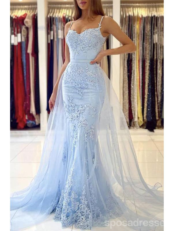 Elegant Blue Lace Mermaid Prom Dress with Spaghetti Straps & V-Neck - Formal Evening Gown for Homecoming, Quinceañera, and Special Occasions