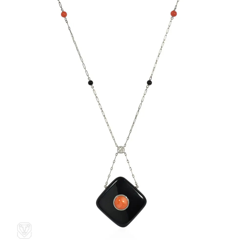 Vintage Art Deco Onyx Coral Diamond Pendant Necklace - Elegant 1920s Style Jewelry for Women, Perfect for Evening Parties & Special Occasions
