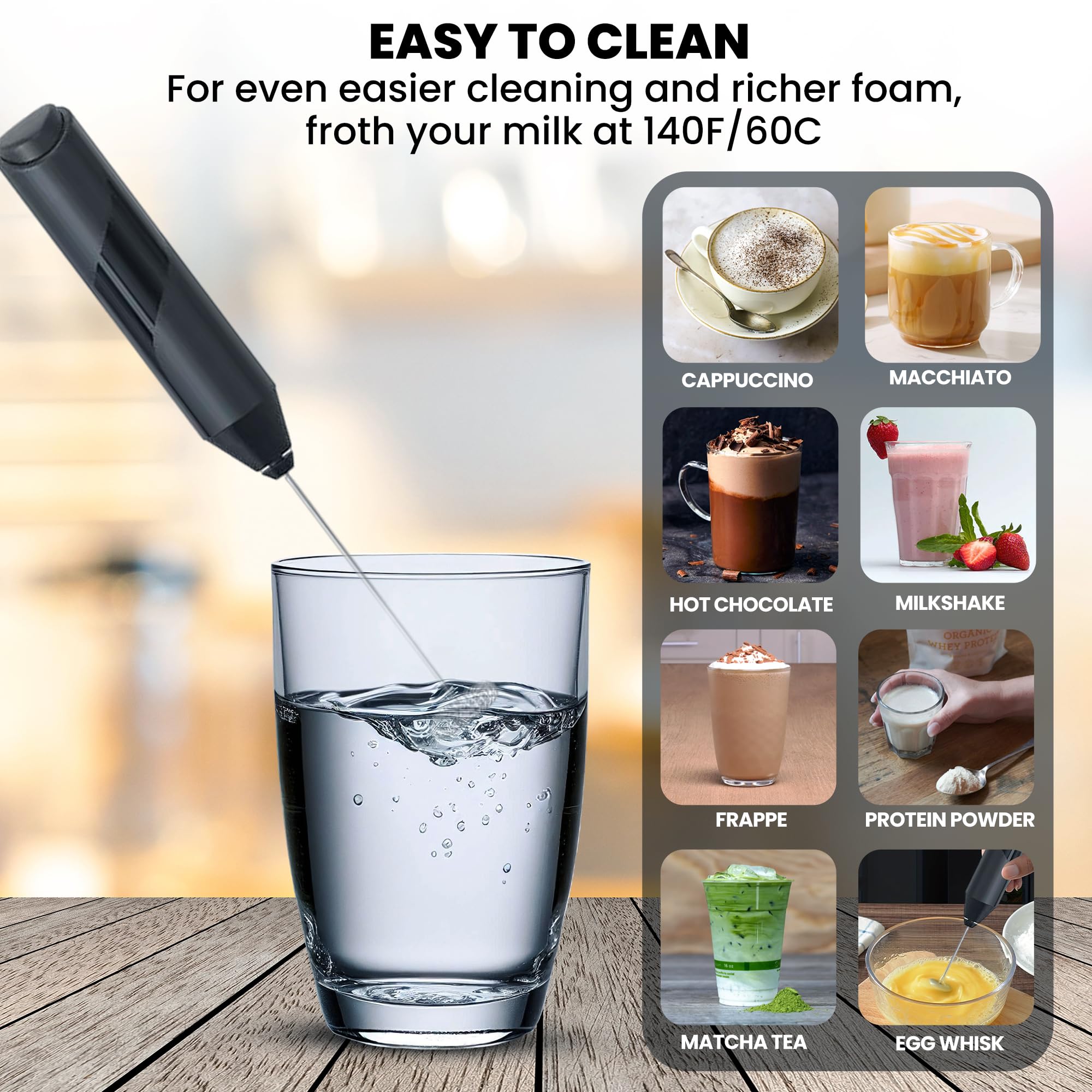 Electric Milk Frother Wand with Stand - Battery Operated Handheld Drink Mixer for Coffee, Latte & Cappuccino - Perfect for Home, Office & Cafe Use
