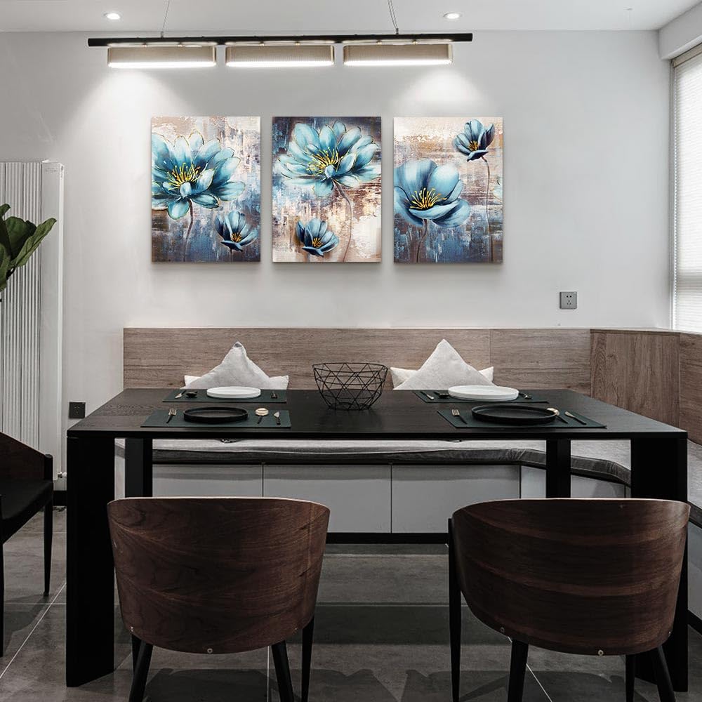 Lapremoly Abstract Blue Flowers Canvas Wall Art Set - 12x16 Inch 3-Piece Modern Wall Decor for Living Room, Bedroom, Office & Kitchen | Perfect for Home Decor, Housewarming Gifts & Interior Design
