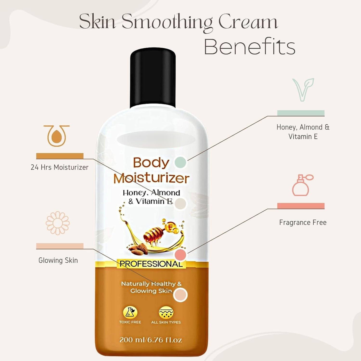 Honey Almond & Vitamin E Moisturizing Cream for Face, Hands & Body - Non-Greasy, Oil-Free Hydration for Glowing Skin - 24 Hour Nourishment - 200ml - Perfect for Dry Skin Care & Daily Moisturizing Routine