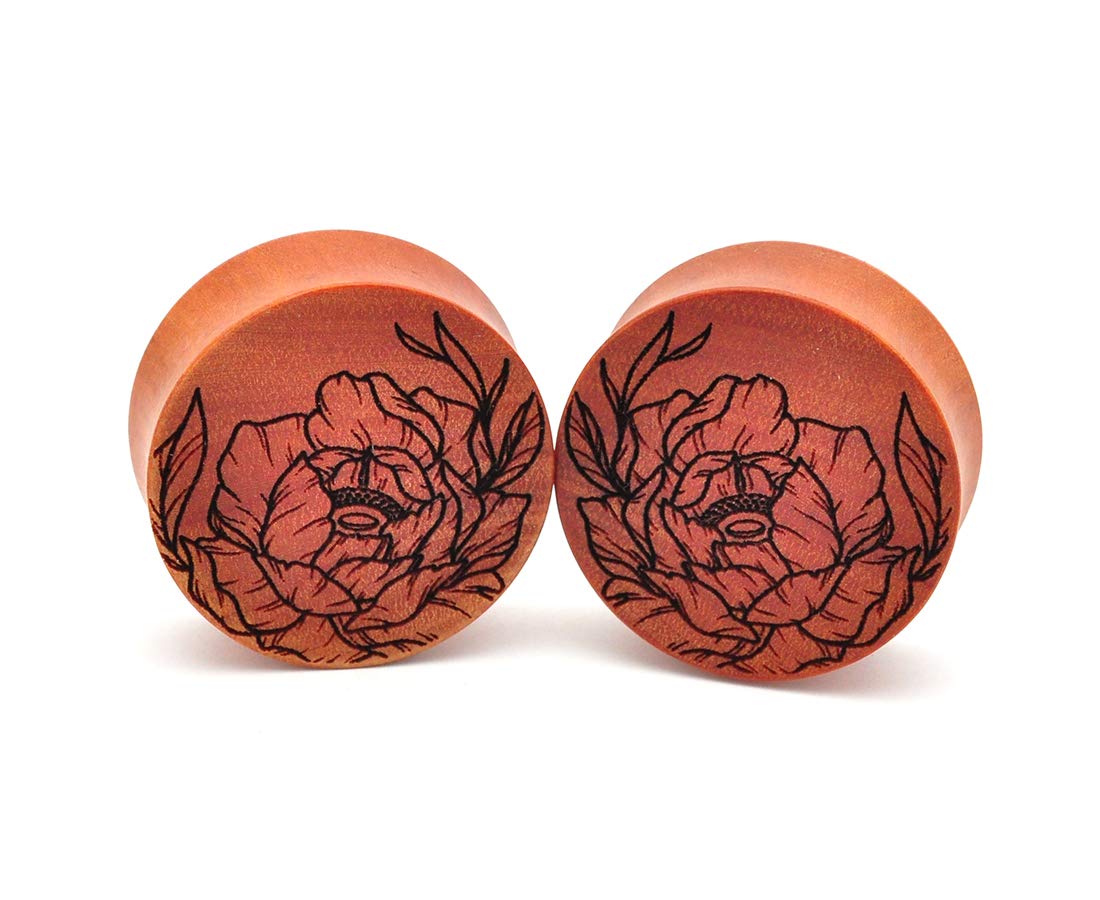 Laser Engraved Floral Wood Plugs - Mystic Metals Body Jewelry | Pair of 3 Offset Design Plugs in Saba Wood (PW-335) | Perfect for Ear Stretching, Piercings & Alternative Fashion