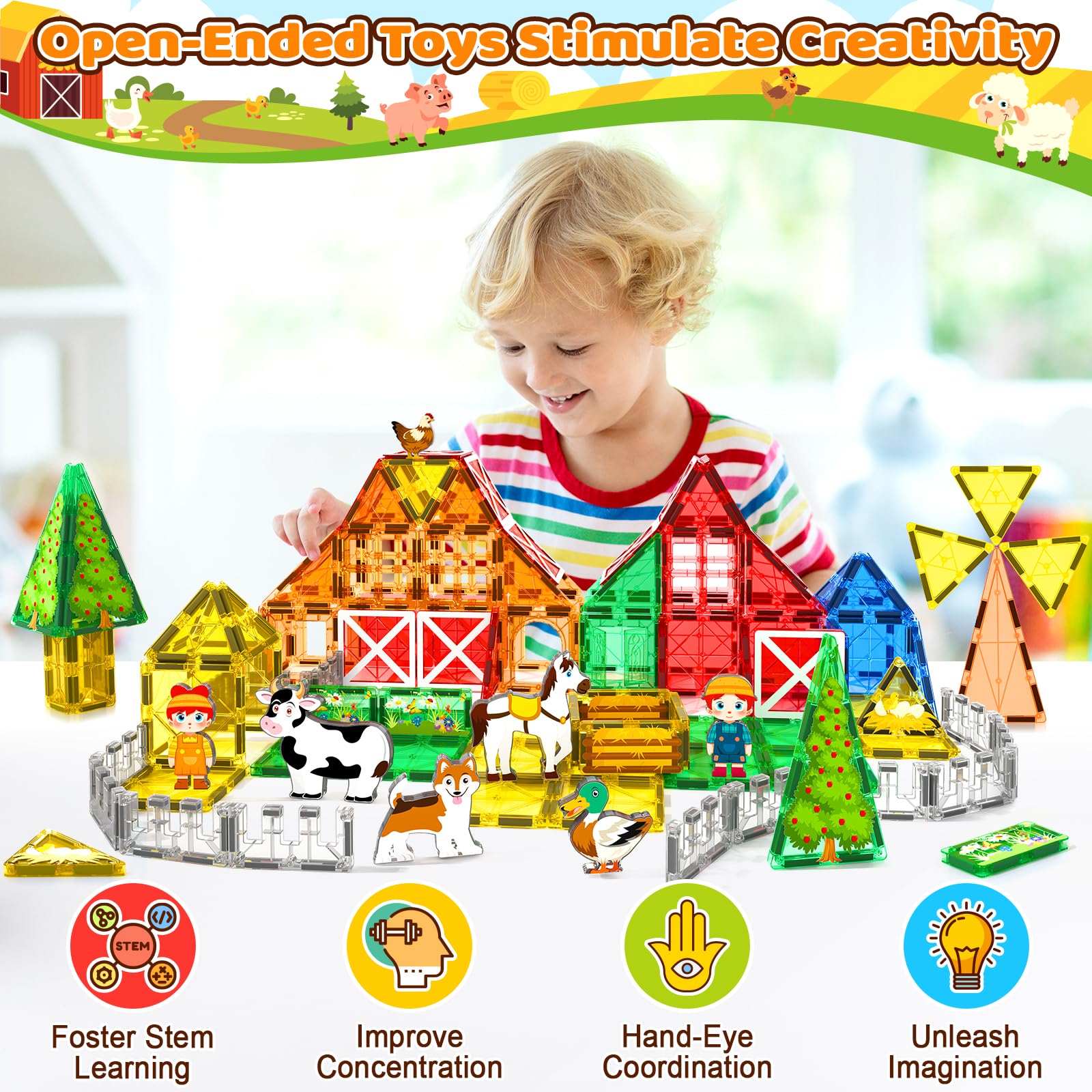Magnetic Building Blocks Set with Farm Animals - STEM Educational Toys for Kids Ages 3-7 | Perfect for Preschool Learning, Classroom Activities & Creative Play at Home