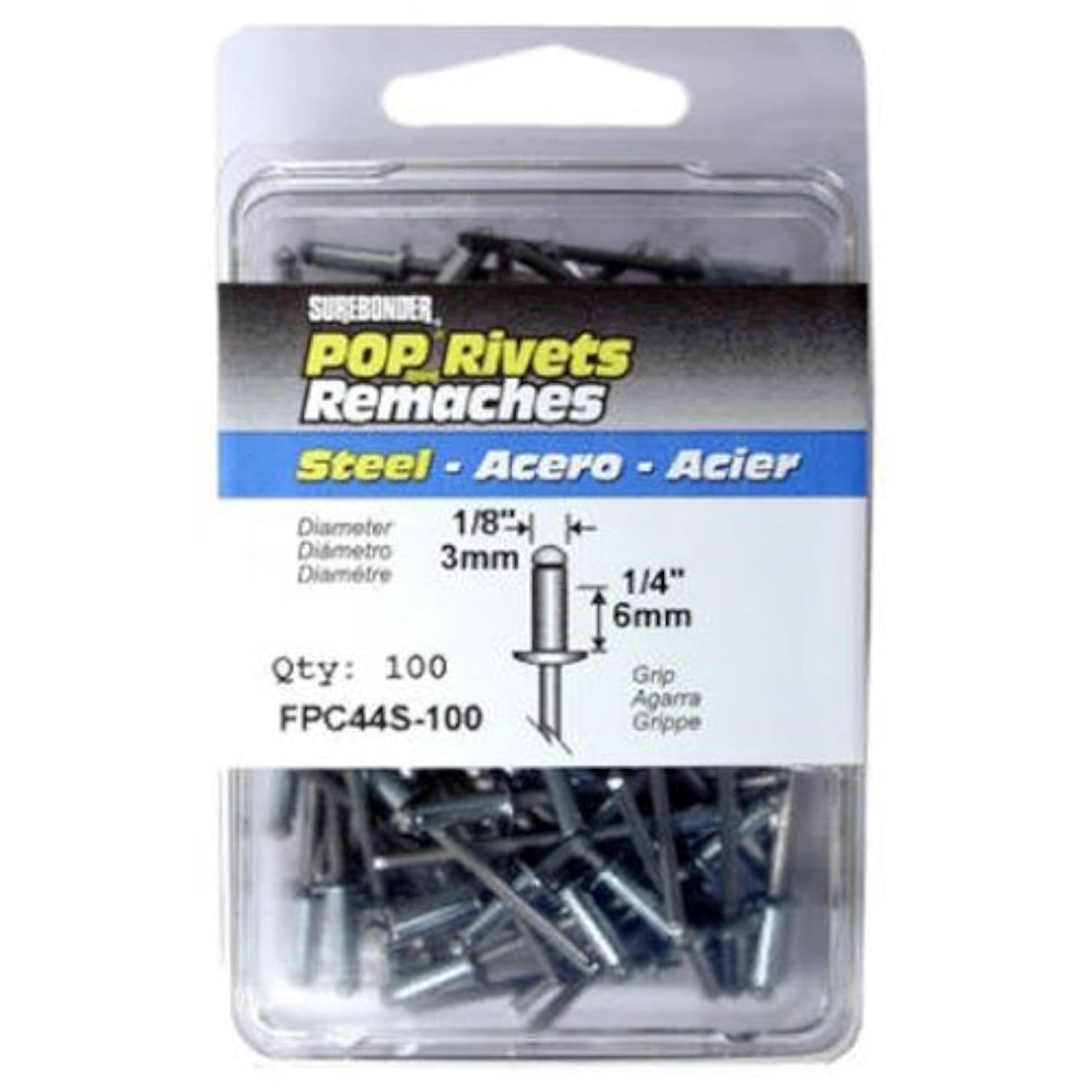 100 Pack FPC44S-100 Steel Rivets 1/8