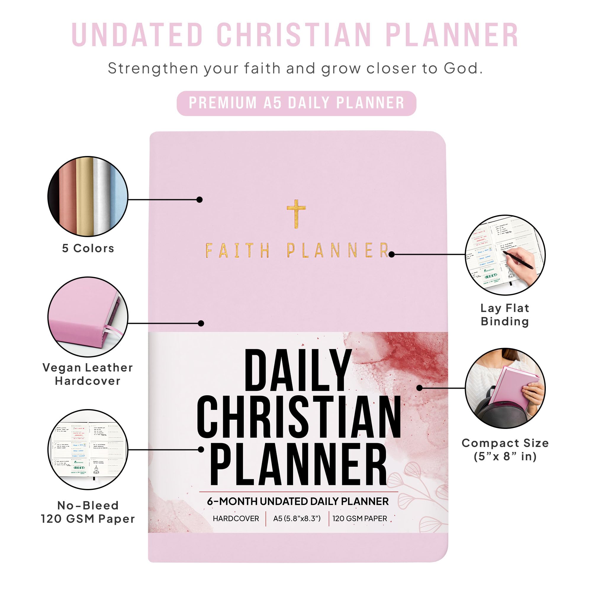 Faith Planner 6 Month Undated Christian Planner 2025 - Prayer Journal & Gratitude Notebook with Bible Verses | A5 Pink Leather Cover, Monthly Weekly Daily Planner for Women | Perfect for Bible Study, Church Notes & Personal Organization