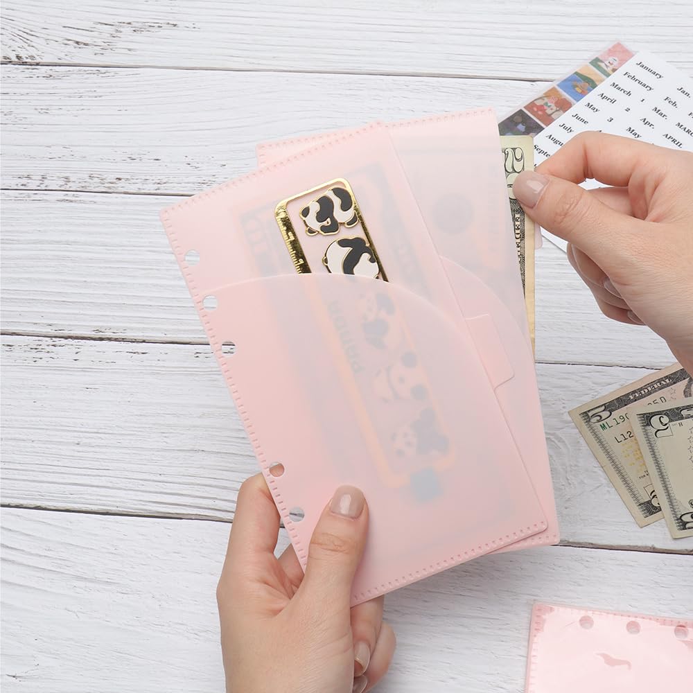 MEI YI TIAN 2-Pack A6 Pink PP Cash Envelopes - 12 Sheets with 6 Tabs, Zipless Budget Binder Index Dividers & 2 Pockets for 6-Ring Binders - Money Organizer for Home Budgeting, Bill Payment & Financial Planning