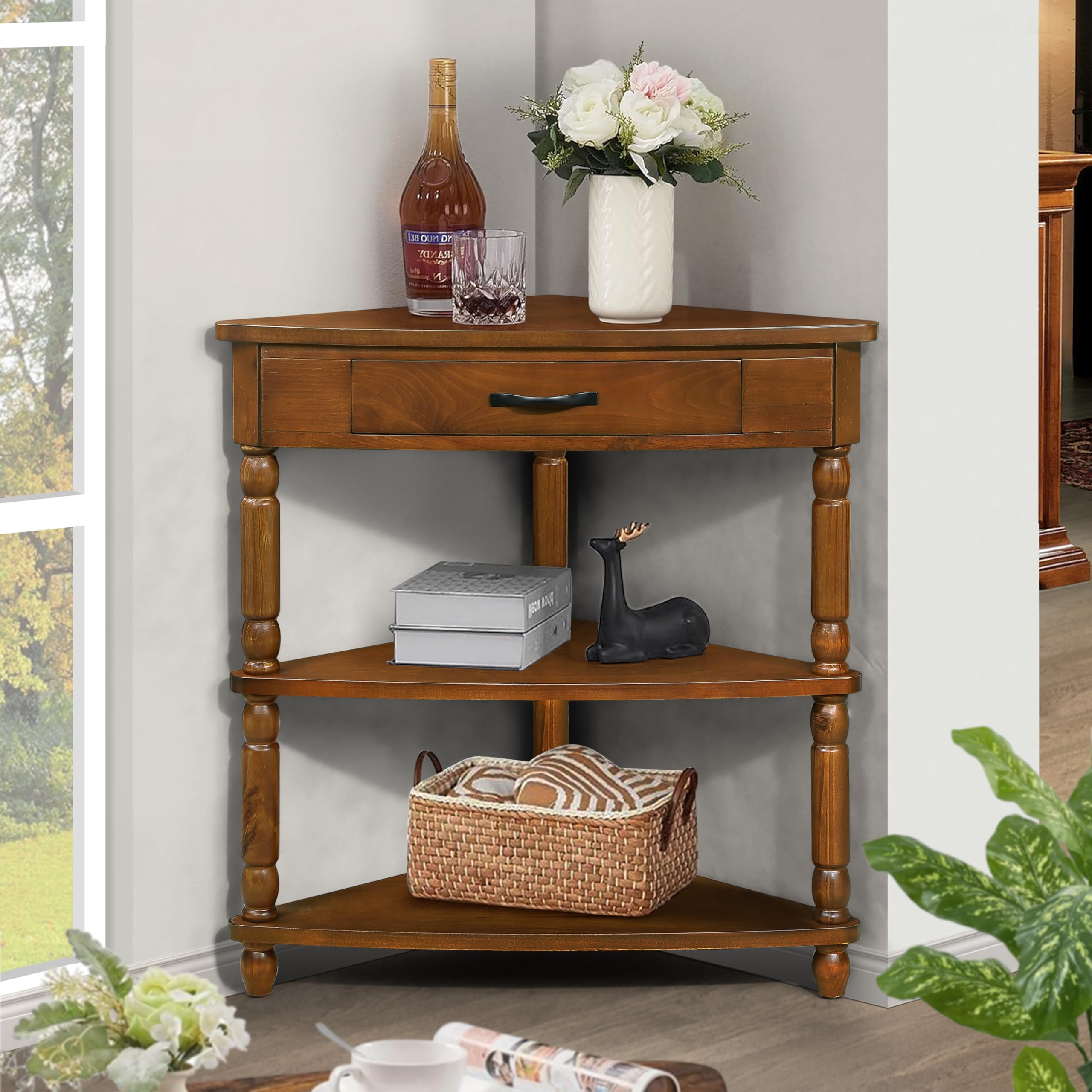 Knocbel Small Space Corner Table - Triangle Side Table with Drawer & Storage Shelves, Easy Assembly TV Stand for Living Room, Bedroom, Office (Brown) | Compact & Stylish Furniture for Apartments, Dorms