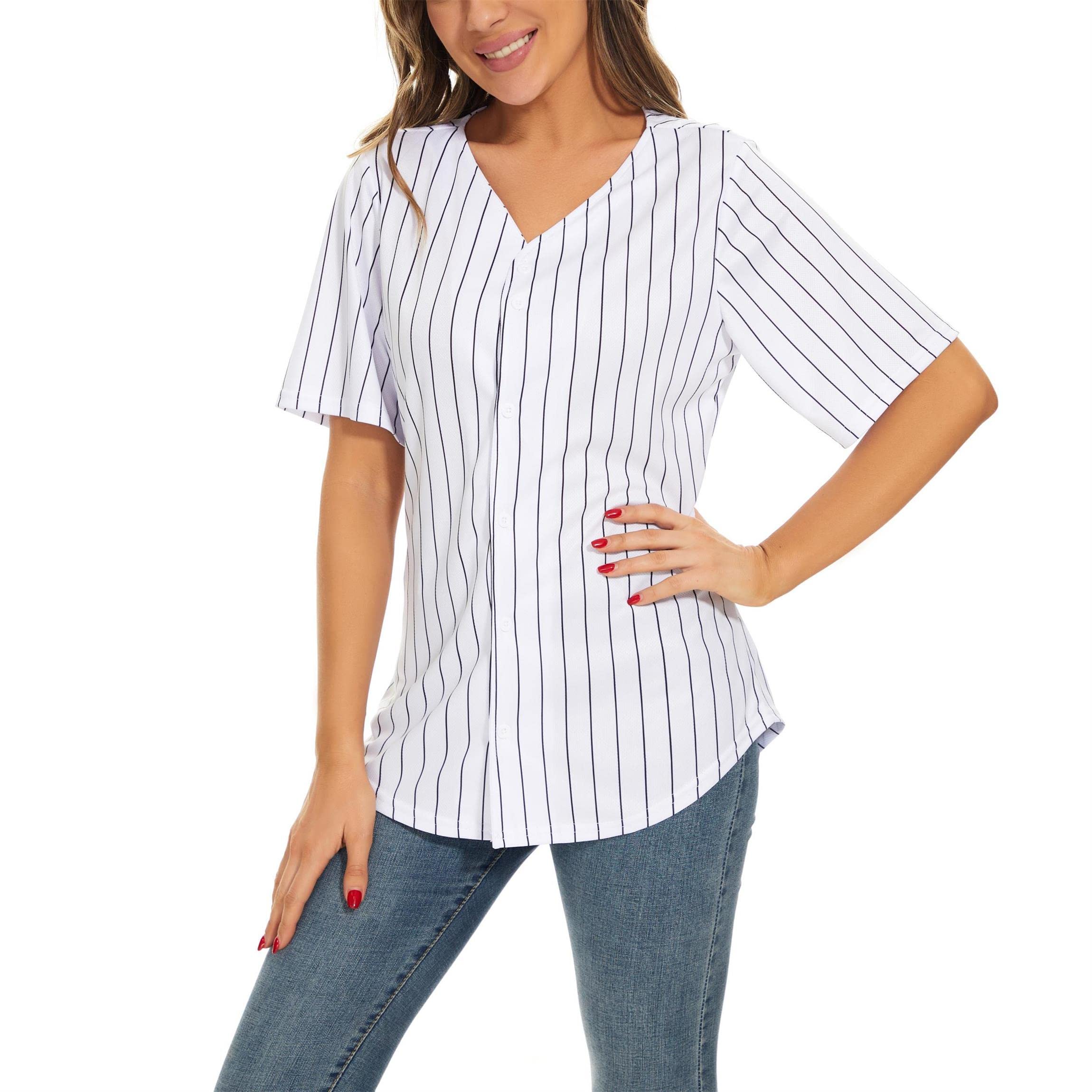 Women's Baseball Jerseys - Blank Button Down V-Neck Softball Team Uniform with Wide Stripes | Fashionable Short Sleeve Top for Casual Wear, Sports Games & Team Events