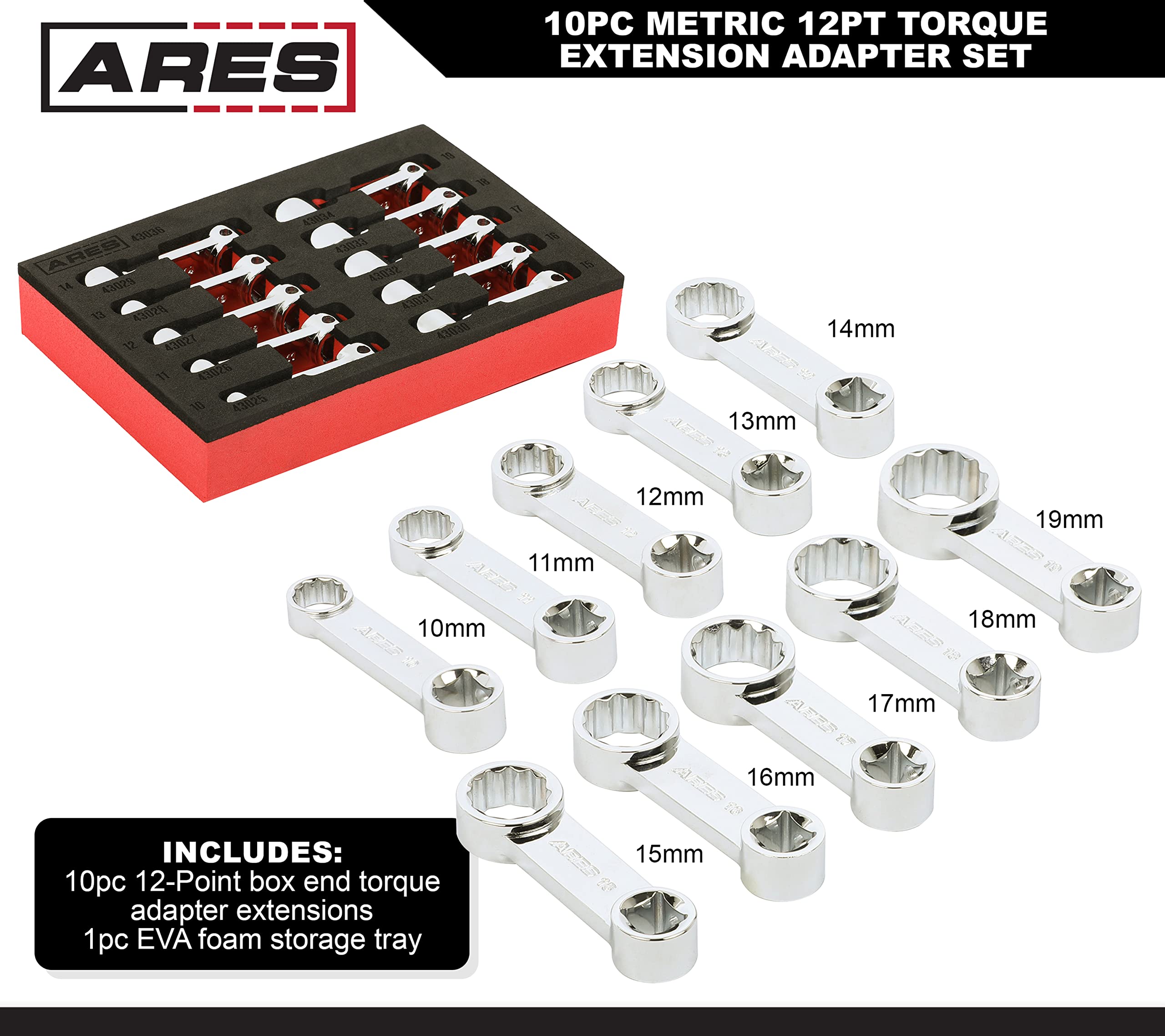 ARES 43036 10-Piece Metric 12-Point Box End Torque Adapter Extension Set - 3/8-Inch Drive Chrome Vanadium Steel Wrench Set with EVA Foam Tray - Perfect for Automotive Repair, Machinery Maintenance and Tightening Bolts in Hard-to-Reach Spaces