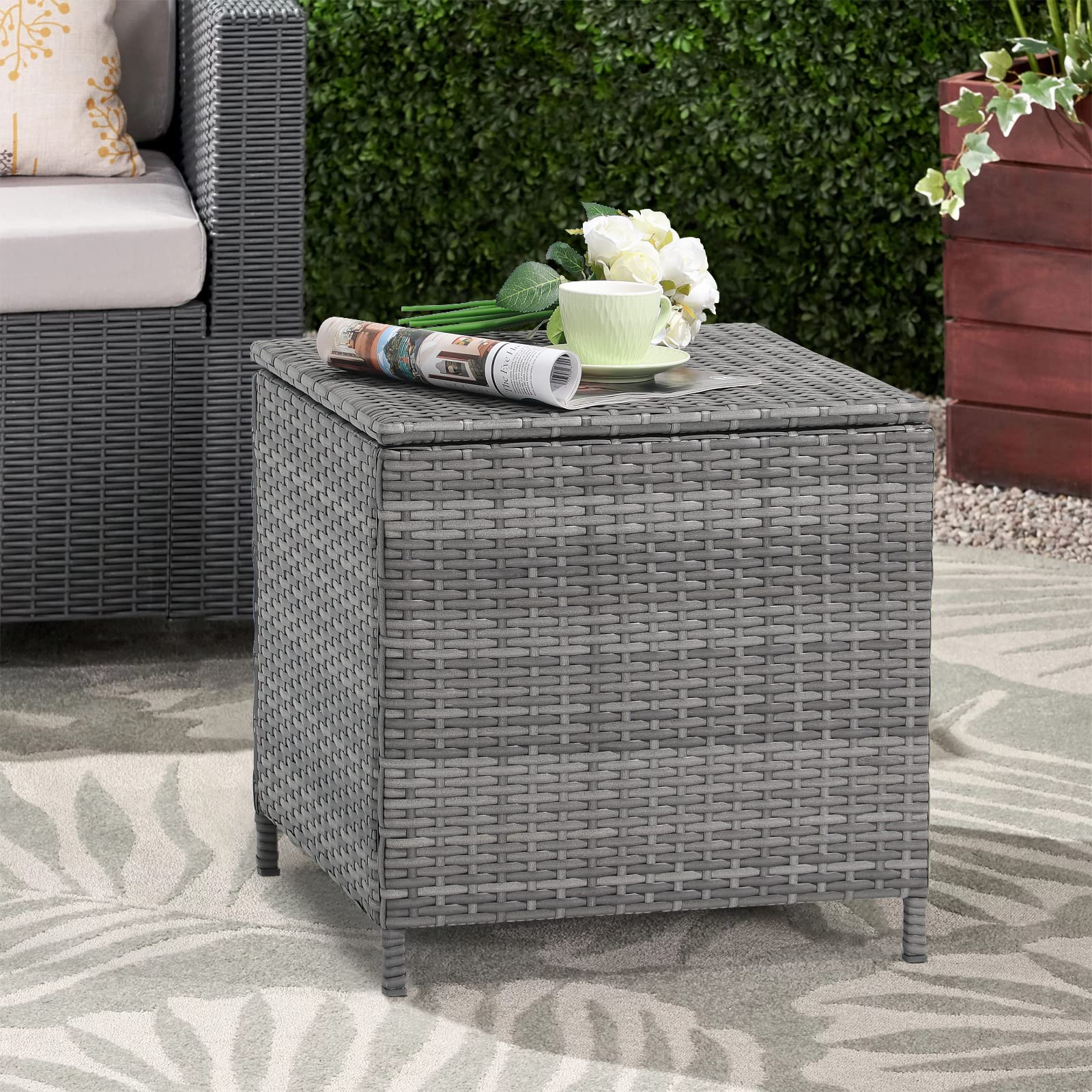 Verano Outdoor Wicker Side Table - Small Square Rattan Coffee Table with Storage for Garden, Porch, Deck, Living Room & Backyard - Weather-Resistant Resin Furniture (Gray) | Perfect for Patio Lounging, Poolside Relaxation & Outdoor Entertaining