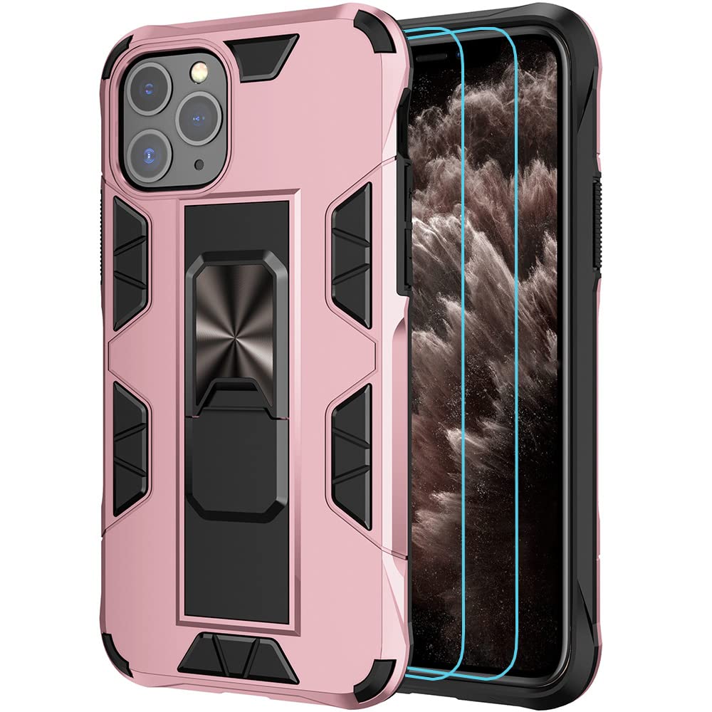 Military Shockproof iPhone 11 Pro Case with Kickstand & Magnetic Mount - Rose Gold for Outdoor & Car Use
