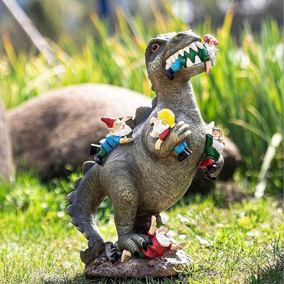 Dinosaur Eating Gnomes Garden Statue - Funny Lawn Ornaments & Outdoor Decor (5.91×2.36×1.97 Inch) - Perfect for Halloween Decorations, Garden Pranks, and Unique Yard Art