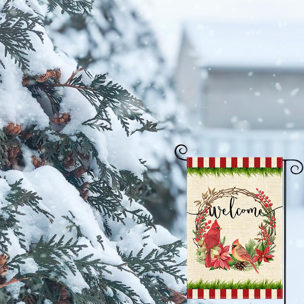 12 x 18 Inch Double Sided Burlap Cardinal Wreath Winter Christmas Garden Flag - Snow Welcome Outdoor Seasonal Decor for Farmhouse, Porch & Yard Decoration