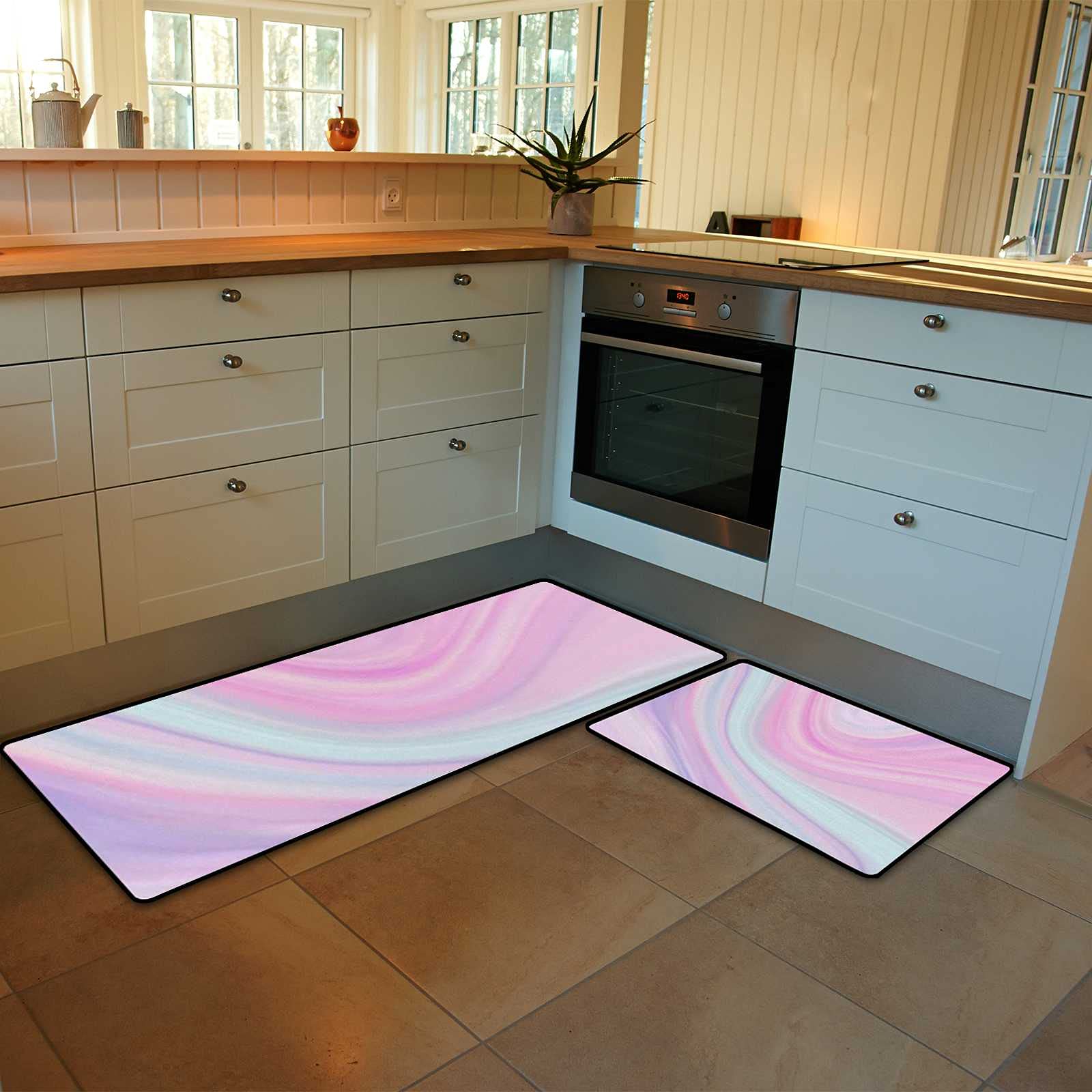 Non-Slip Marble Pastel Kitchen Rugs Set - 2 Piece Absorbent Coral Velvet Mats (17.7×29.1Inch + 17.7×58.2Inch) for Floor Protection, Comfort & Style - Perfect for Sink, Stove & High Traffic Areas