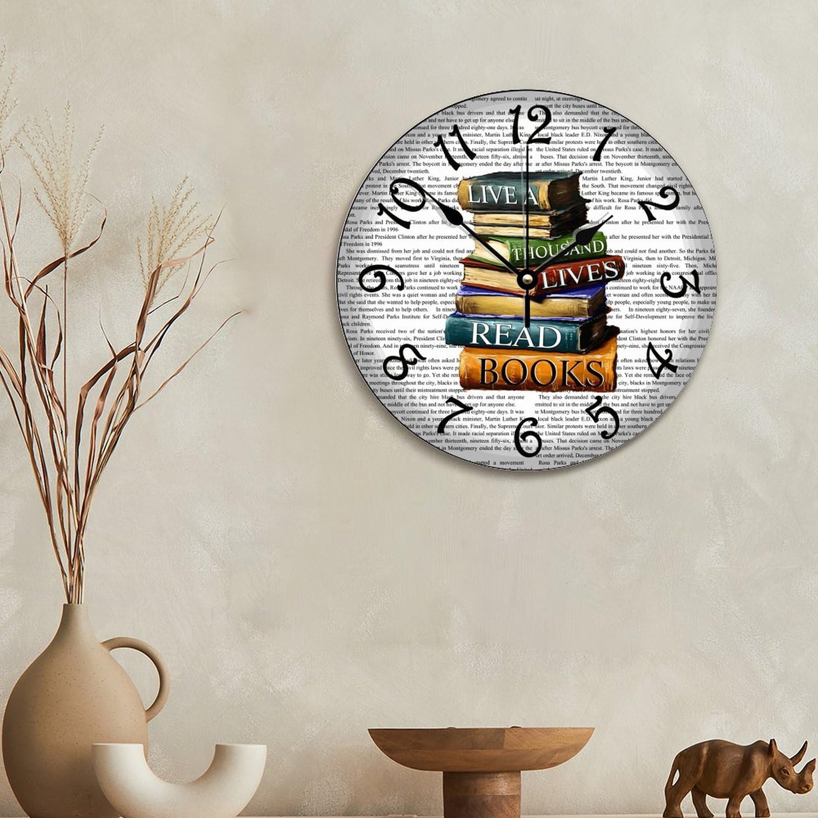 12 Inch Wooden Farmhouse Wall Clock - Battery Operated Rustic Library Clock with 'Lived A Thousand Lives' Book Quote - Perfect for Kitchen, Living Room, Bedroom, Office & Reading Nook Decor