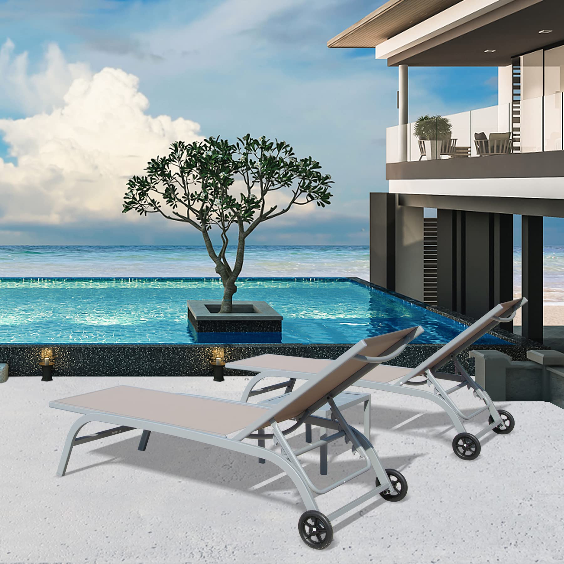 Domi Outdoor Chaise Lounge Set of 2 - Adjustable Poolside Lounge Chairs with Wheels for Patio, Beach, Yard & Deck - 5-Position Reclining Khaki Sunbathing Chairs - Perfect for Relaxing by the Pool, Coastal Getaways or Backyard Lounging