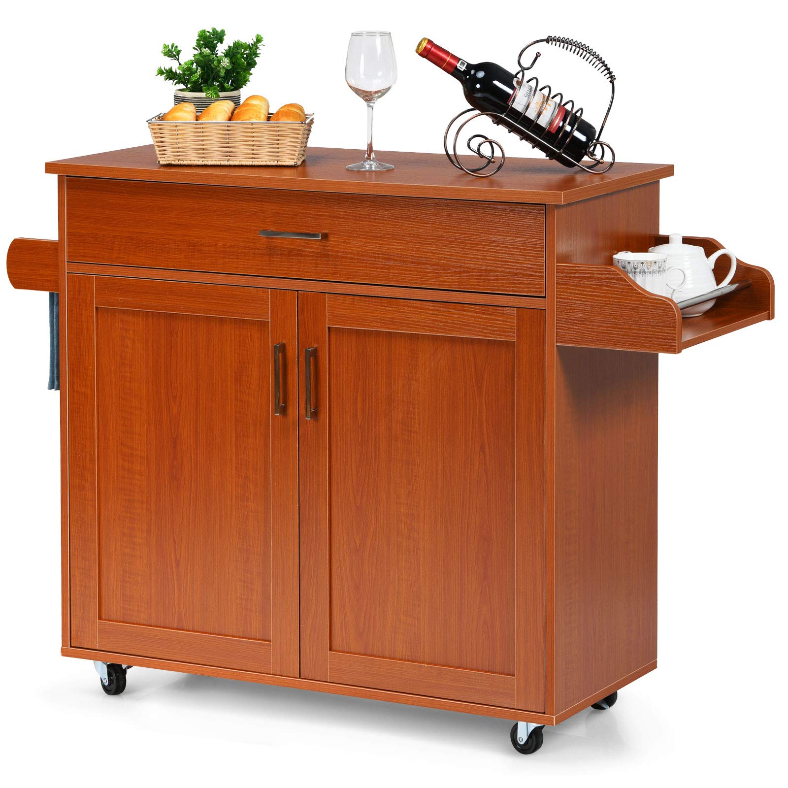 Giantex Rolling Kitchen Island Cart with Spice Rack, Towel Holder, Large Drawer & 2-Door Cabinet - Lockable Wheels, Wooden Trolley with Spacious Tabletop (Cherry) - Perfect for Small Kitchens, Food Prep, Storage & Serving