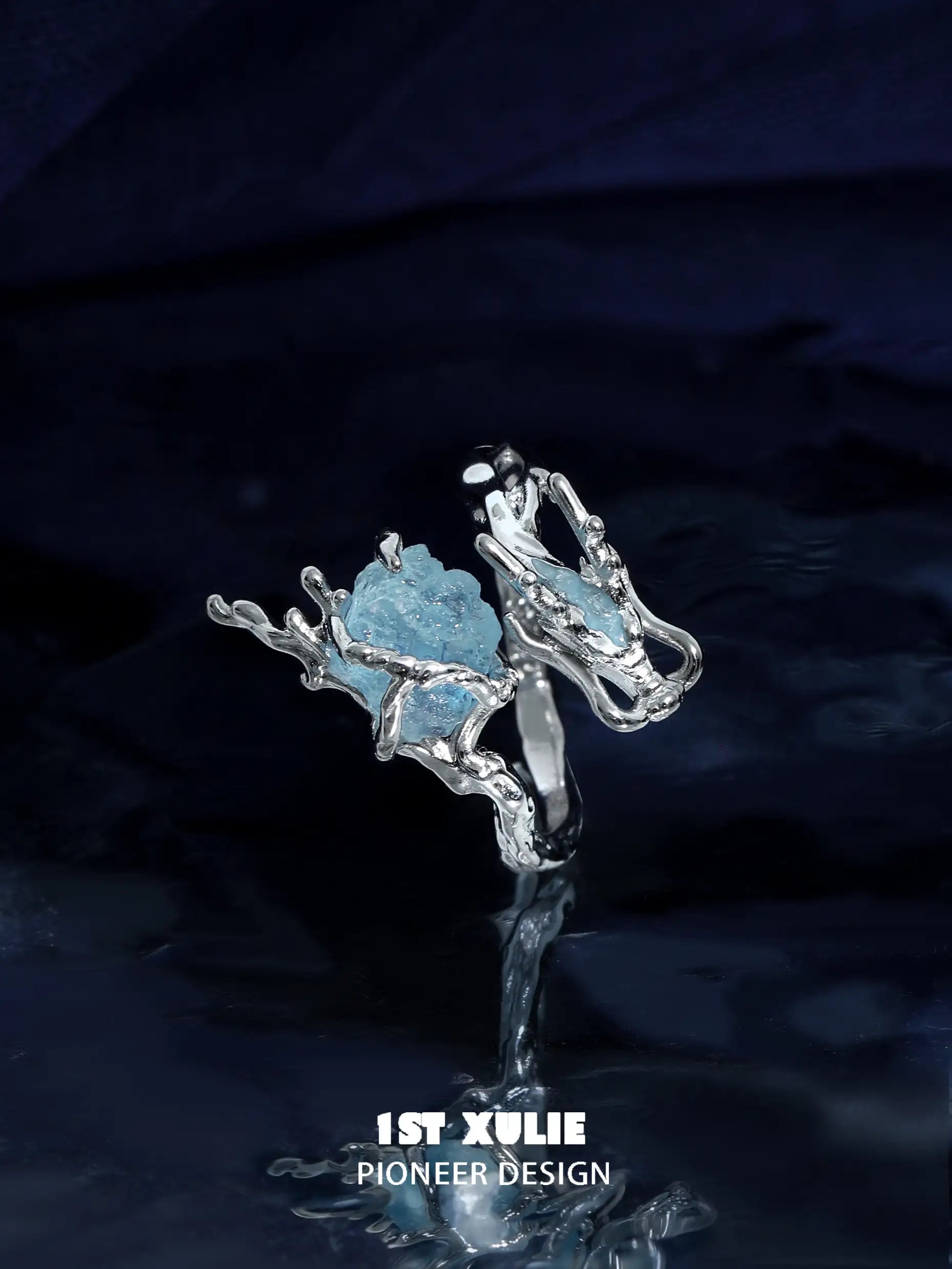 Loong Ling Loong Aquamarine S925 Sterling Silver Adjustable Open Ring for Women - Elegant Stackable Boho Jewelry Gift for Birthday, Anniversary & Everyday Wear