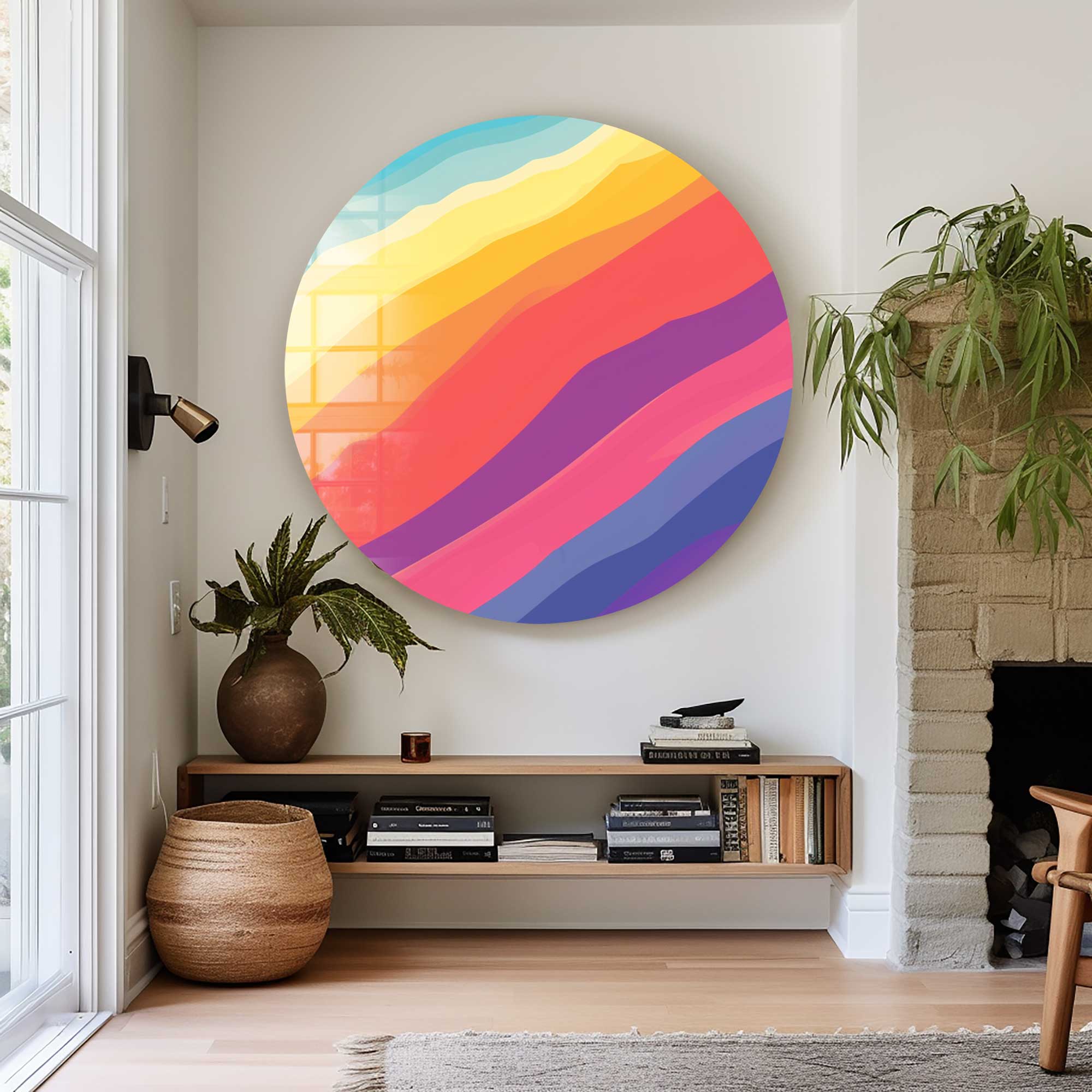 Colorful Waves II Round Glass Wall Art - Modern Home Decor for Living Room, Bedroom & Office