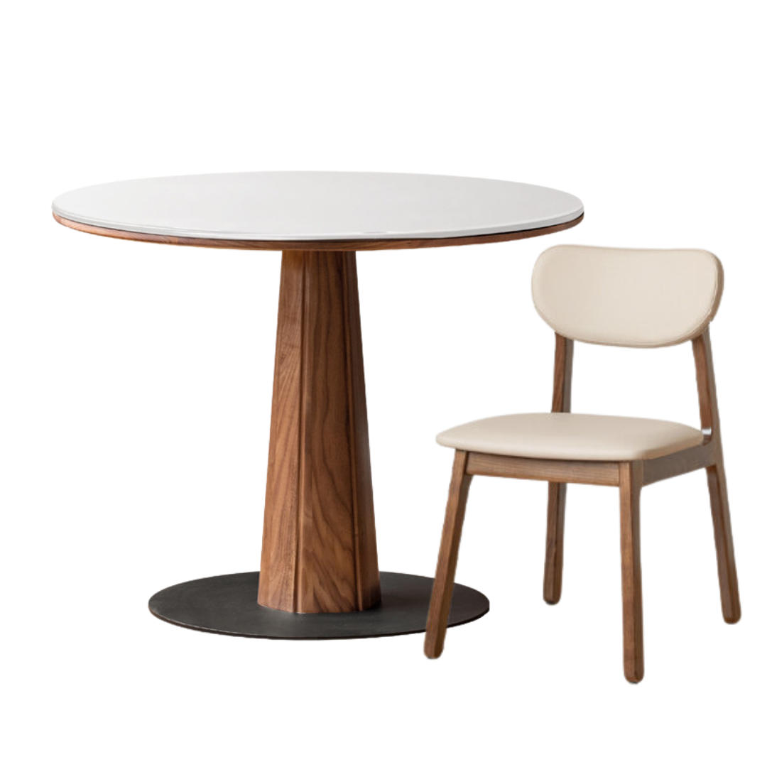 35.4x35.4x29.8 inch / 90x90x75.8 сm / rich dark walnut color / white ivory slab round table and two chairs (chairs milk tea color)