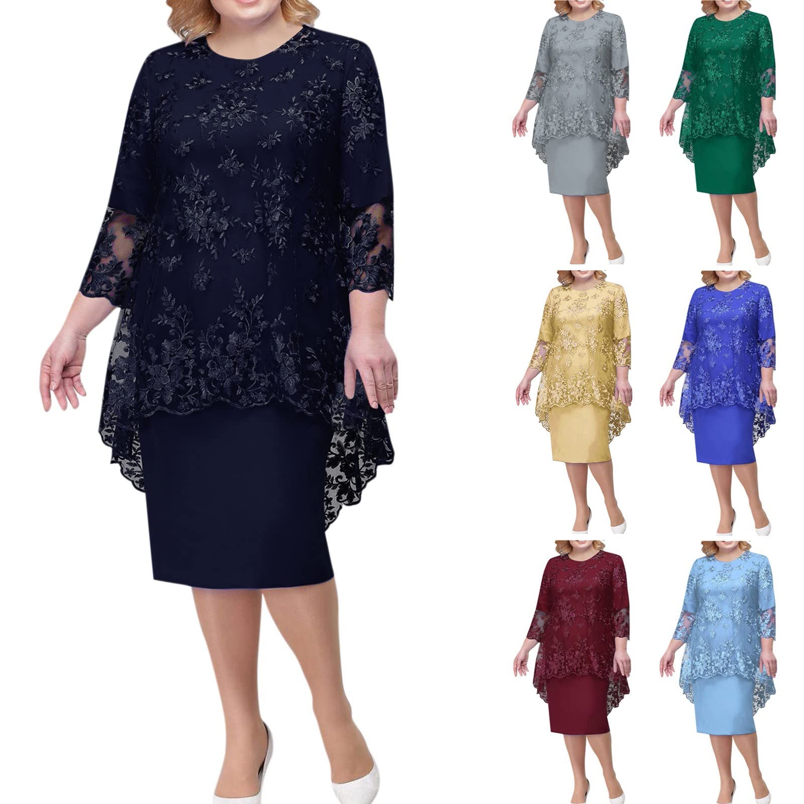 Elegant Two Piece Midi Dress for Women - Summer Formal Short Sleeve Bodycon Dress, Plus Size Knee Length, Sexy & Comfortable for Office, Party & Date Night