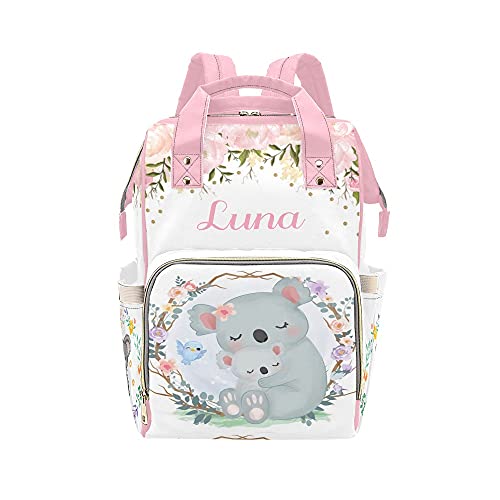 Waterproof Rattan Mom Koala & Baby Koala Print Diaper Backpack - Pink Nursing Nappy Bag with Name Customization | Perfect Baby Shower Gift, Travel & Daily Use Tote for Women