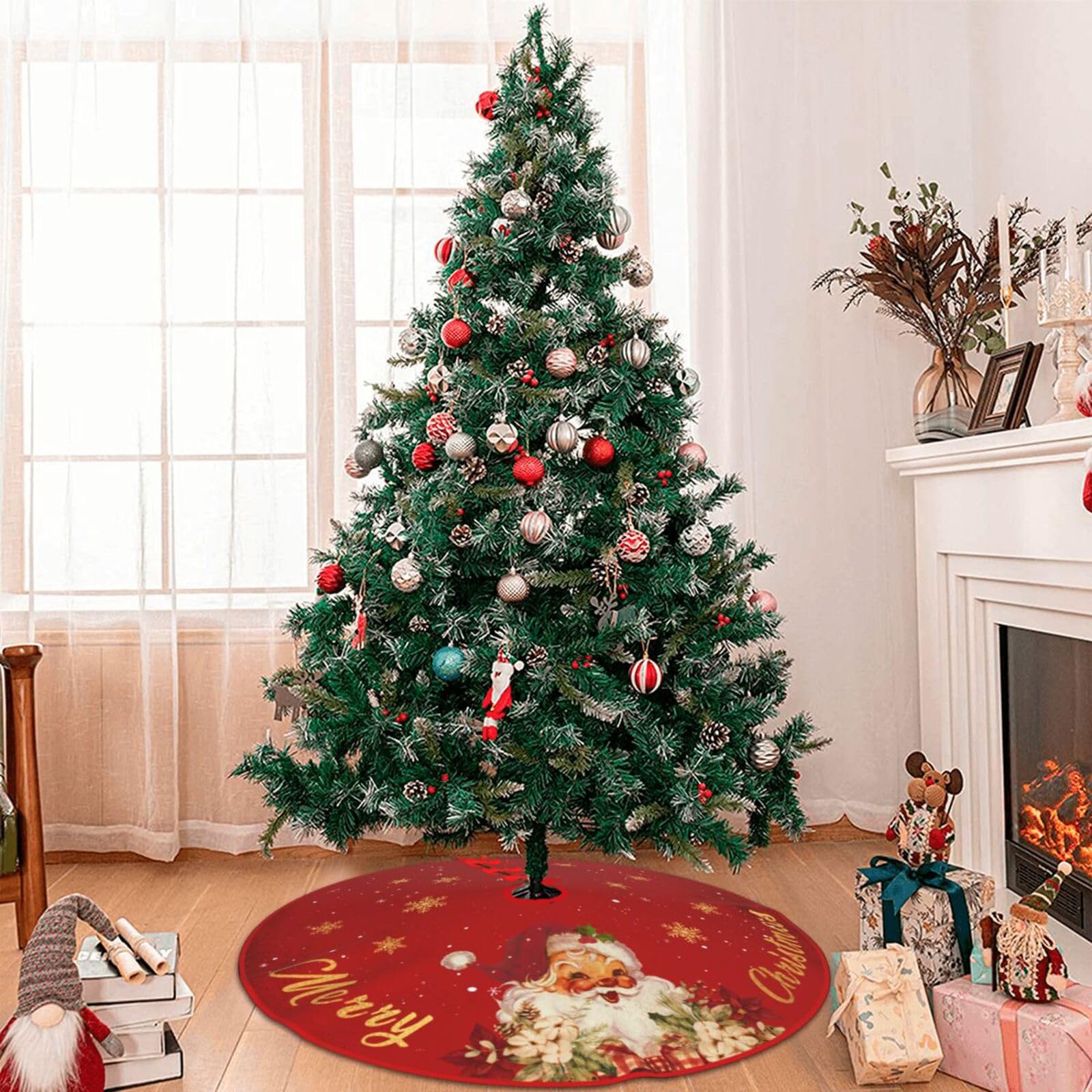 Red and Gold Christmas Tree Skirt with Santa Claus & Snowflake Pattern - 48 Inch Holiday Decor for Indoor/Outdoor Xmas Party, Home, Church & Office Decorations | Perfect for Christmas Tree Base, Festive Gatherings & Seasonal Photo Backdrops
