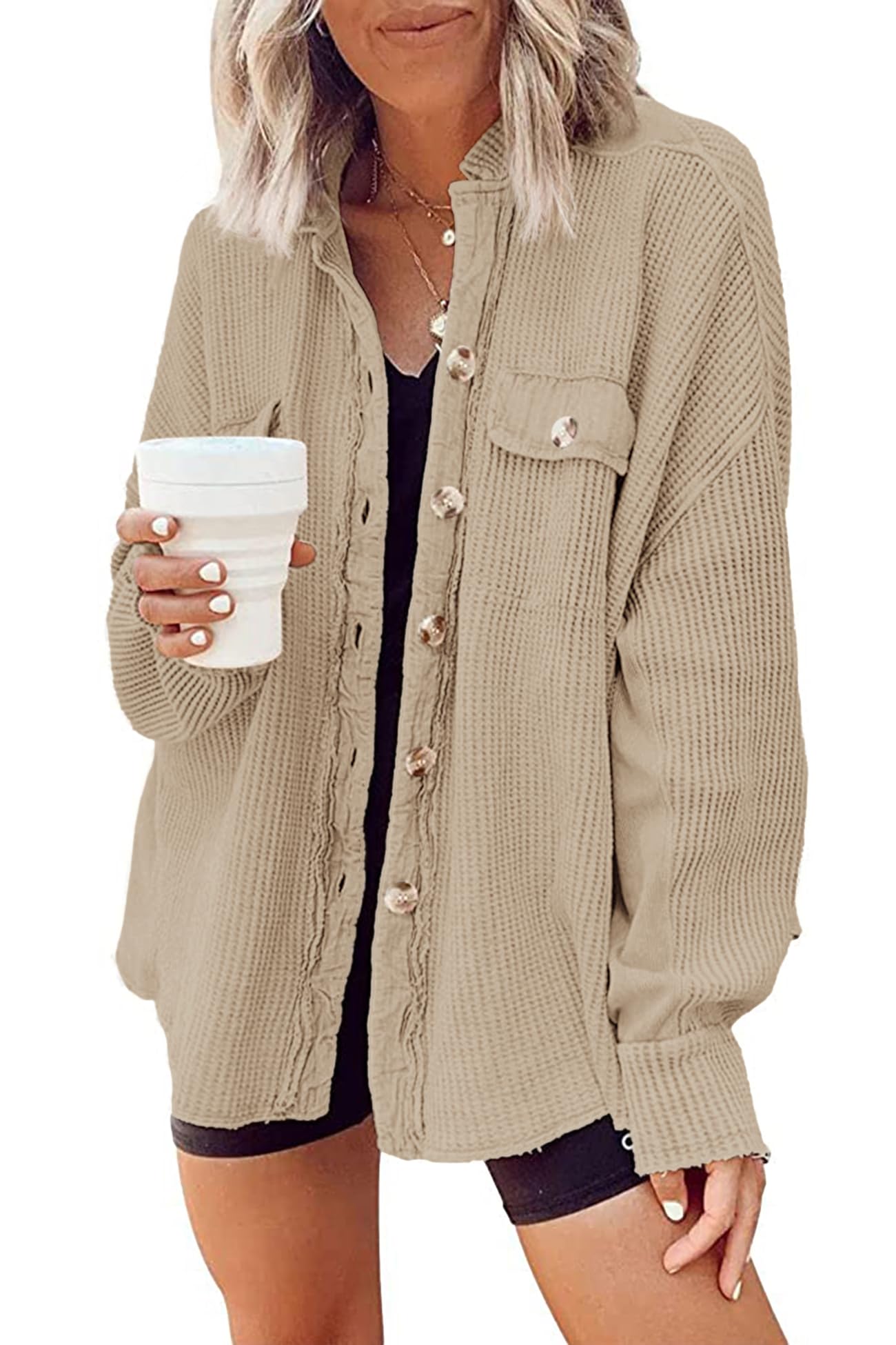 Nirovien Women's Waffle Knit Shacket - Oversized Button Down Shirt Jacket for Spring | Lightweight Long Sleeve Open Front Cardigan for Casual Outfits, Layering & Everyday Wear