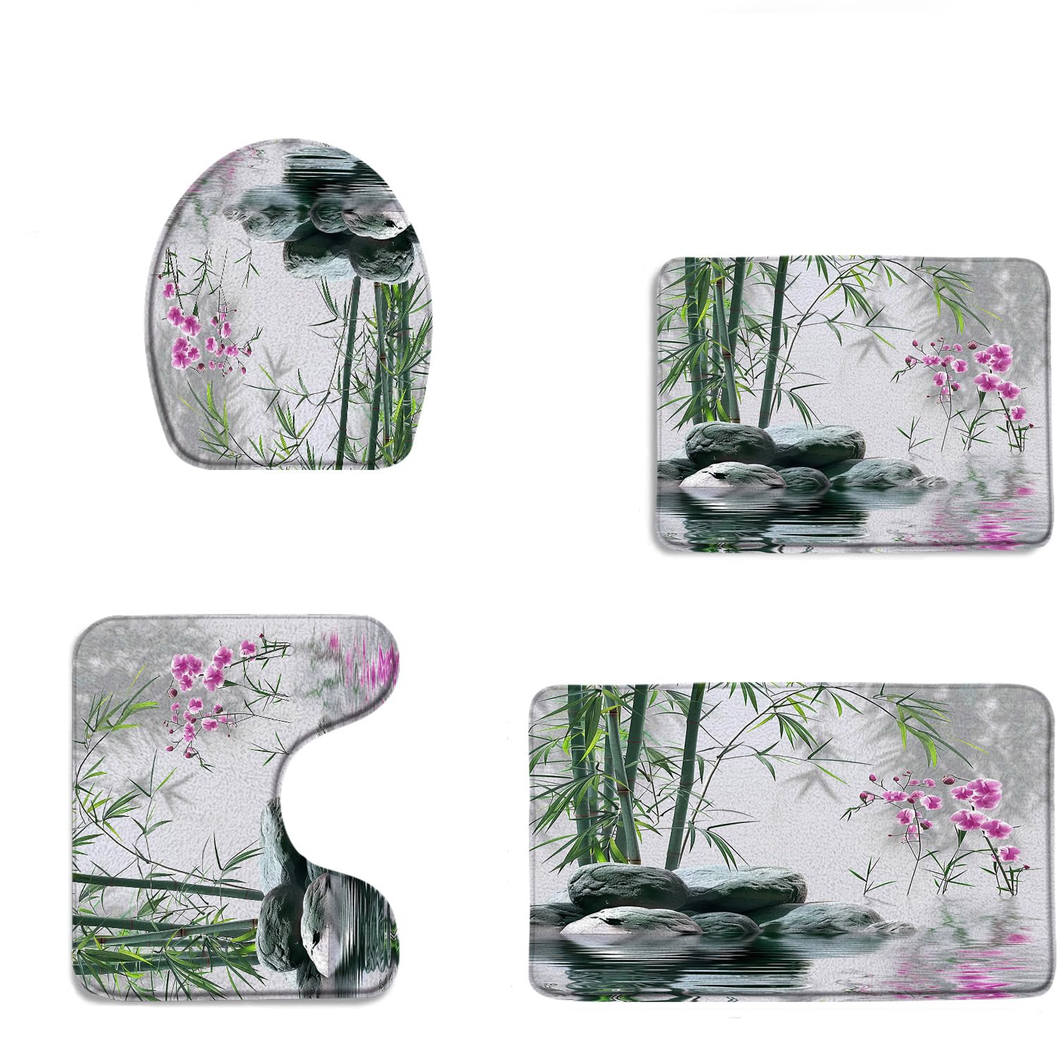 Zen Bathroom Rug Set of 3 - Green Bamboo Orchid Floral Leaves Stone Landscape Spa Garden Pattern - Japanese Asian Style Washable Bath Mats for Bathroom Decor - Perfect for Spa, Yoga Room & Meditation Space