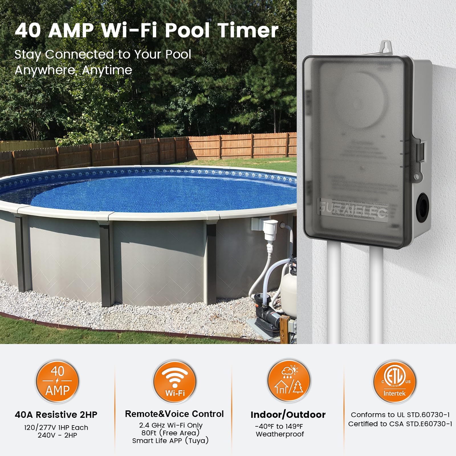 SURAIELEC WiFi Pool Timer - 40 AMP Heavy Duty Smart Switch for Pool Pump, Water Heater & Spa - 2HP, 120-277VAC Indoor/Outdoor Light Timer Box - Perfect for Swimming Pools, Hot Tubs & Powerful Appliances