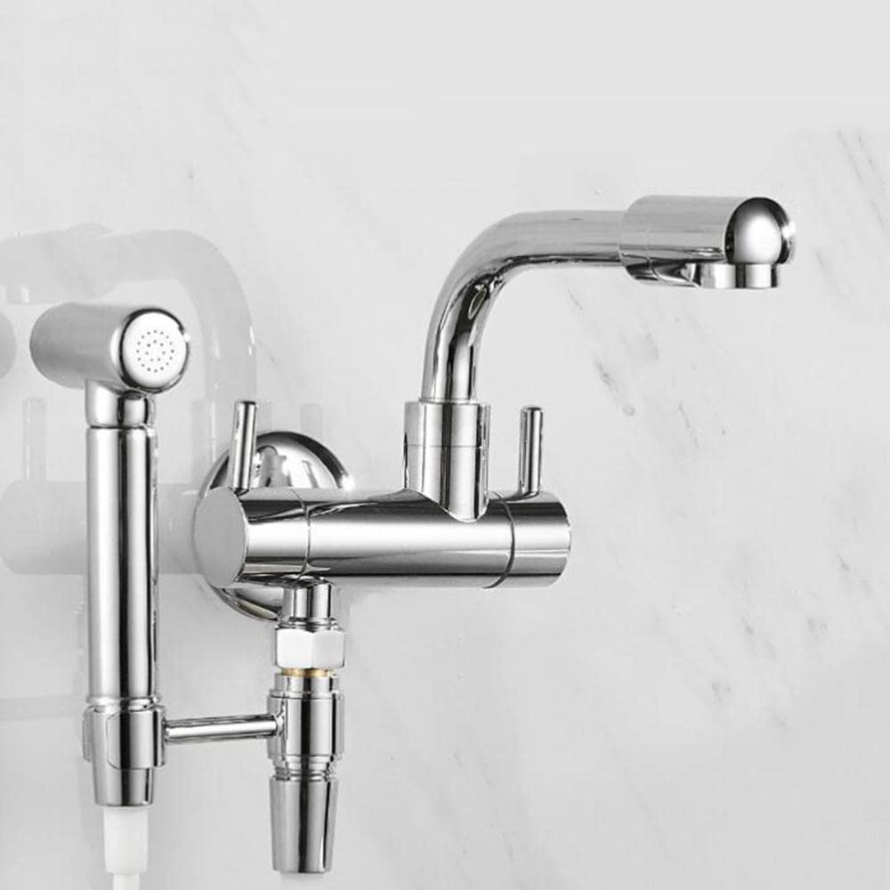 Wall Mount Brass Kitchen Faucet with Spray Gun - Cold Water Only - Chrome Plated 35cm for Sink, Mop Pool & Outdoor Use