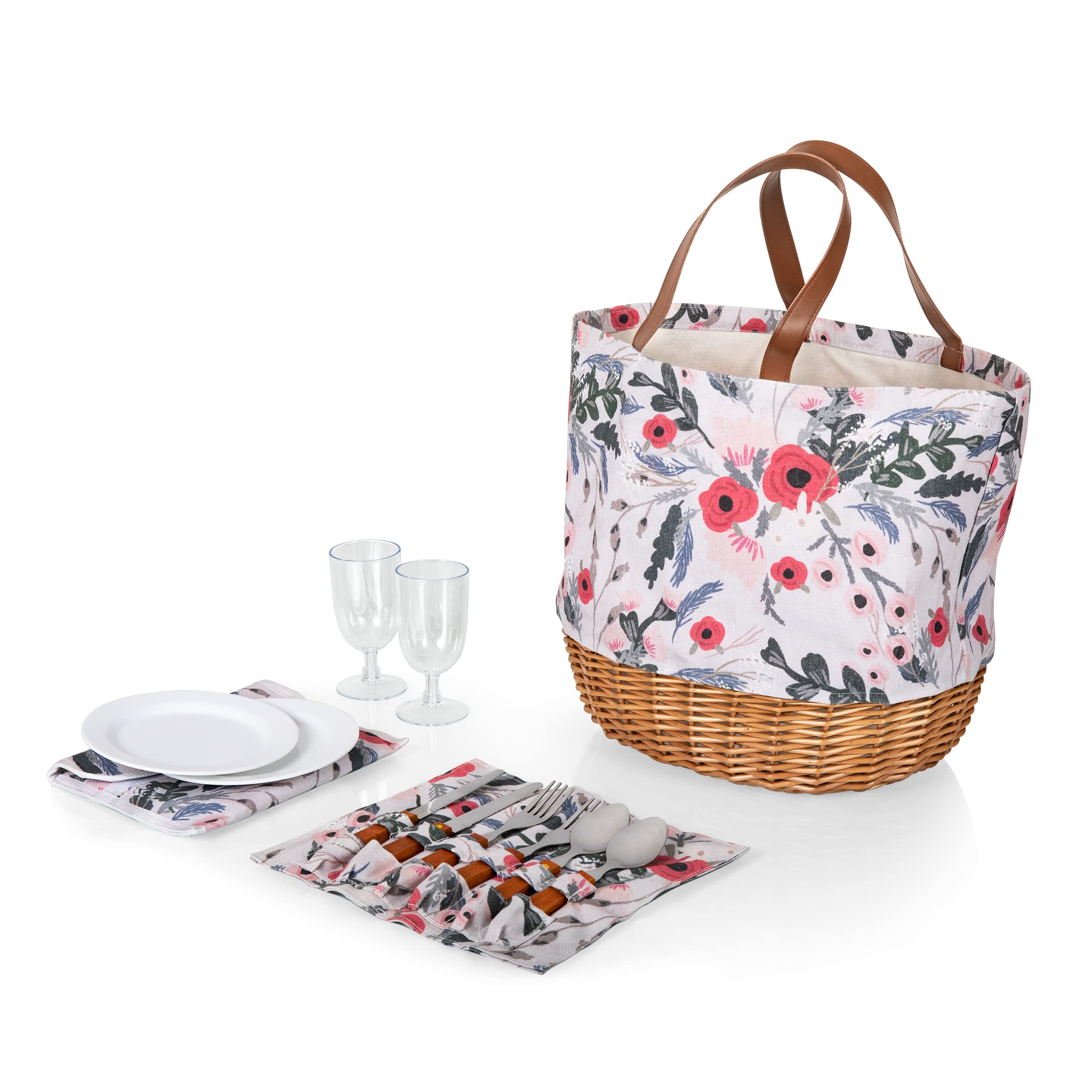 PICNIC TIME Promenade Picnic Basket for 2 - Canvas & Willow Picnic Set with Utensils, Wine Glasses & Plates (Floral Design) - Perfect for Romantic Dates, Outdoor Picnics & Beach Getaways